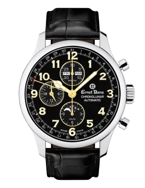 Ernst Benz Chronolunar Officer 44mm Black Dial Gold Hands Men's Watch GC40383