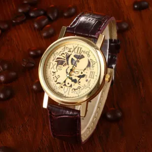 GENVIVIA Fashion Mens Brown PU Leather Band Watch quartz watches men Stainless Steel Gold mens watch hommes montres
