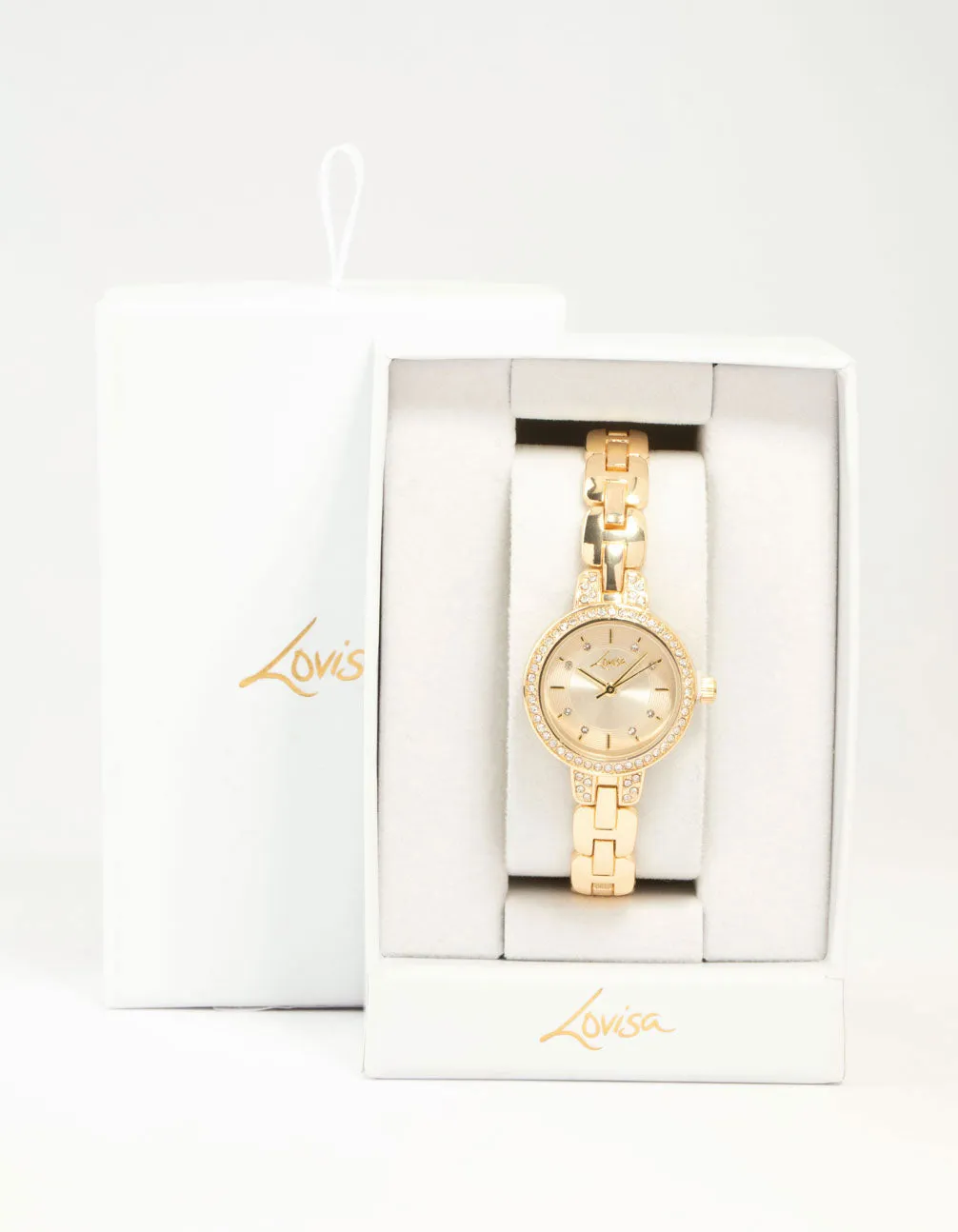 Gold Small Diamante Round Strap Watch