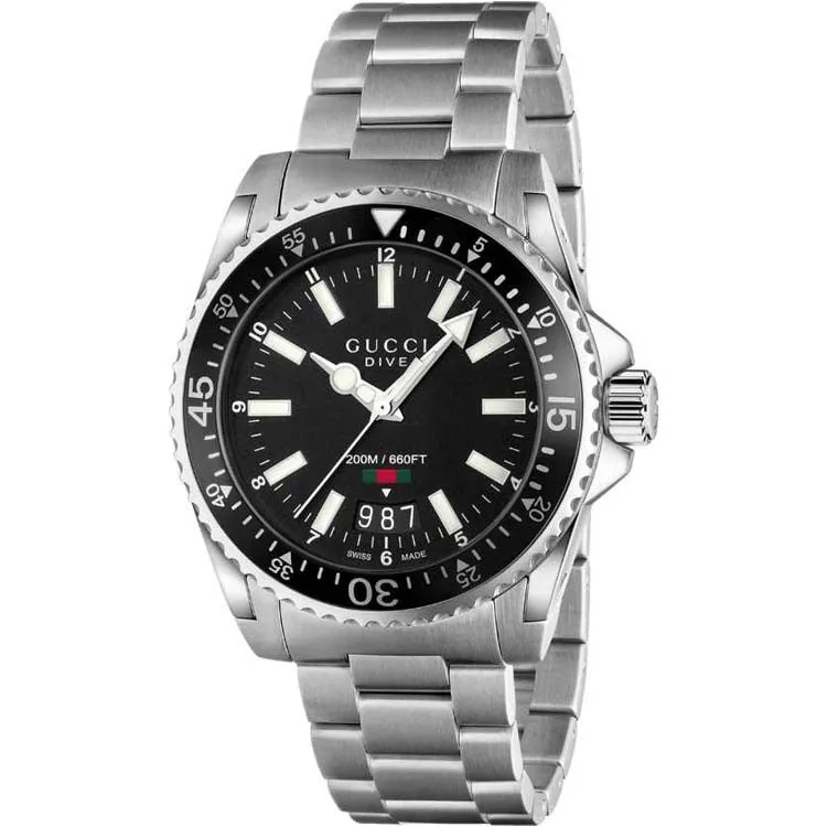 Gucci Dive Large Black Dial Steel Bracelet Swiss Quartz Men's Watch YA136301A