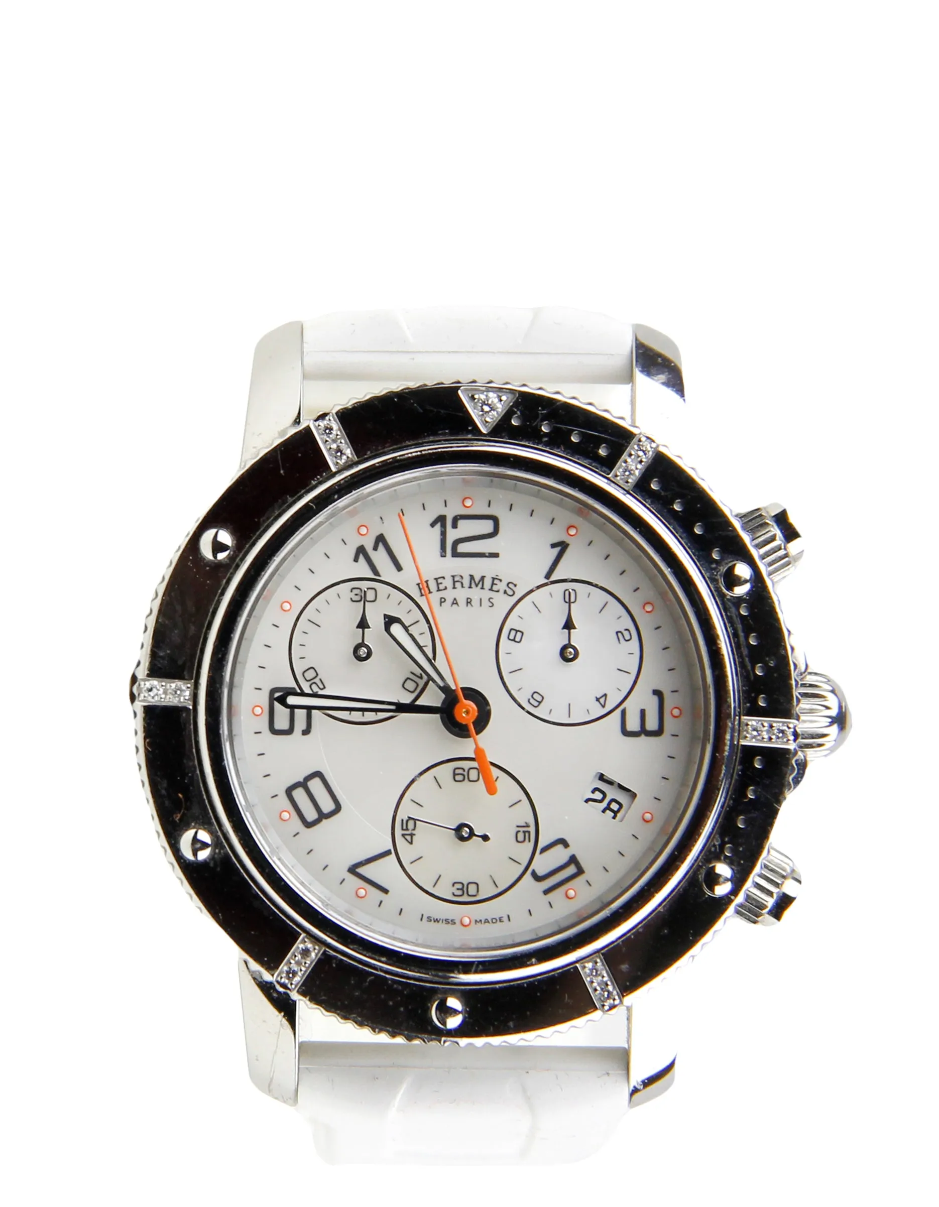 Hermes 36mm Quartz Clipper Watch w/ Diamonds & White Rubber Band