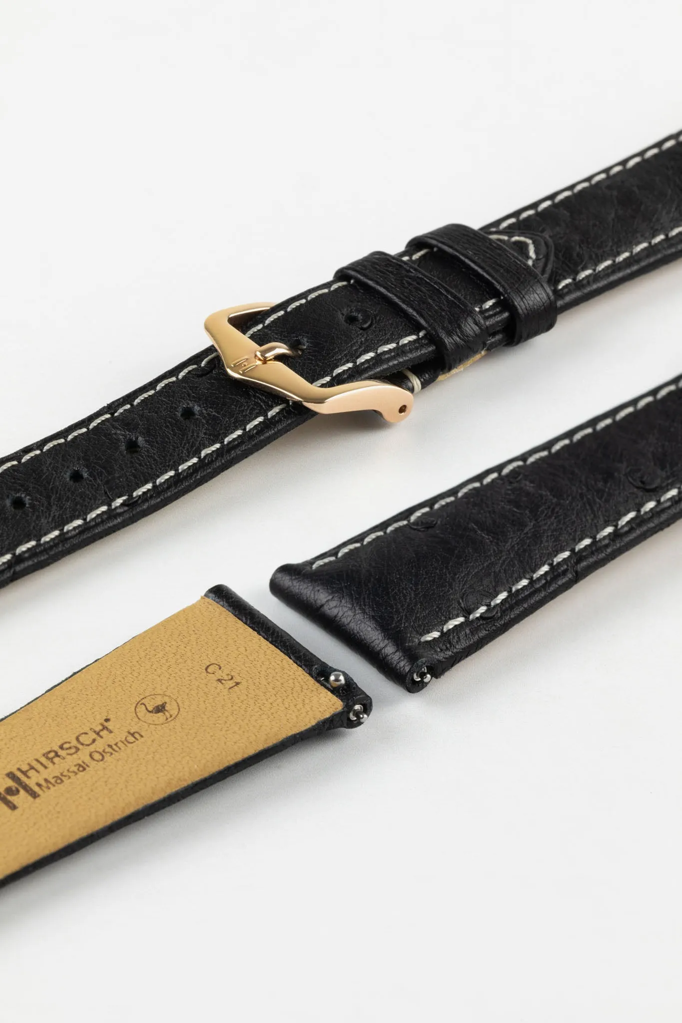 Hirsch MASSAI OSTRICH Leather Watch Strap in BLACK with WHITE Stitching