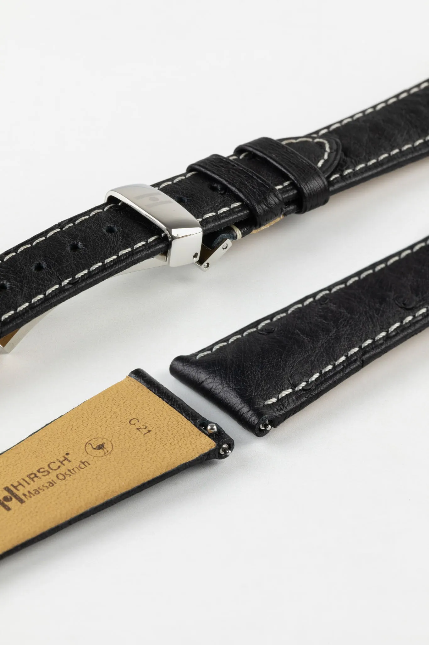 Hirsch MASSAI OSTRICH Leather Watch Strap in BLACK with WHITE Stitching