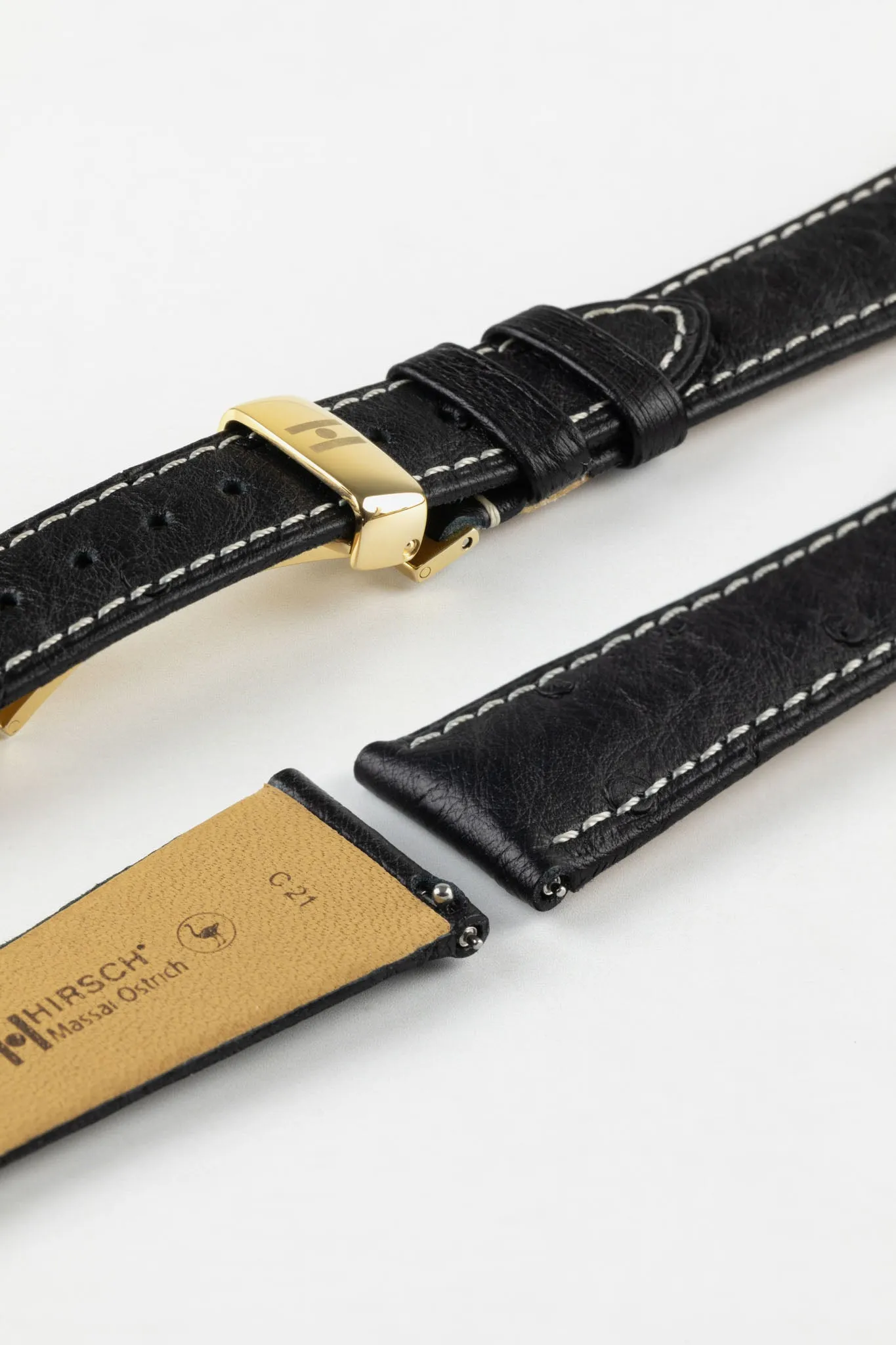 Hirsch MASSAI OSTRICH Leather Watch Strap in BLACK with WHITE Stitching