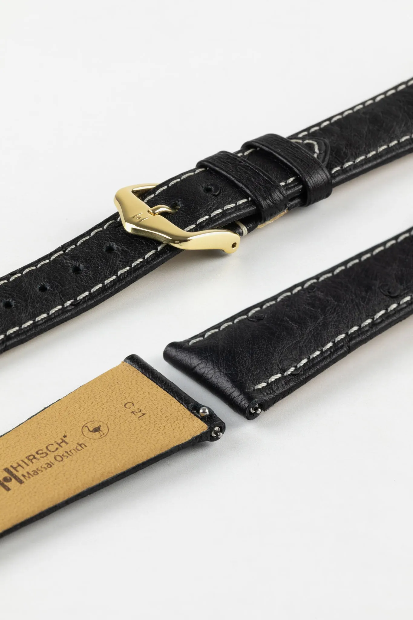 Hirsch MASSAI OSTRICH Leather Watch Strap in BLACK with WHITE Stitching