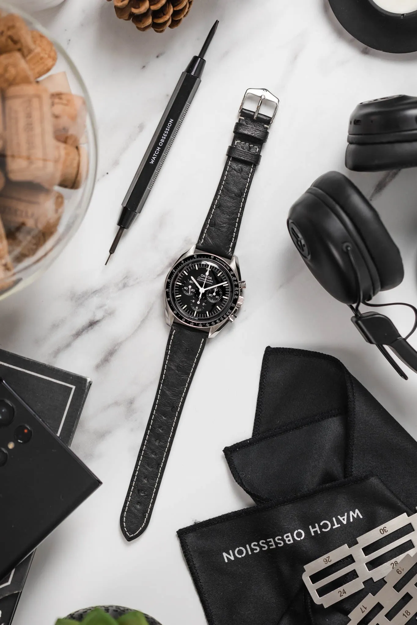 Hirsch MASSAI OSTRICH Leather Watch Strap in BLACK with WHITE Stitching