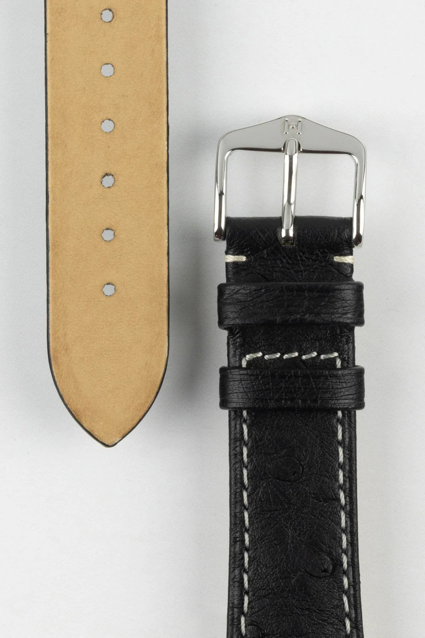 Hirsch MASSAI OSTRICH Leather Watch Strap in BLACK with WHITE Stitching