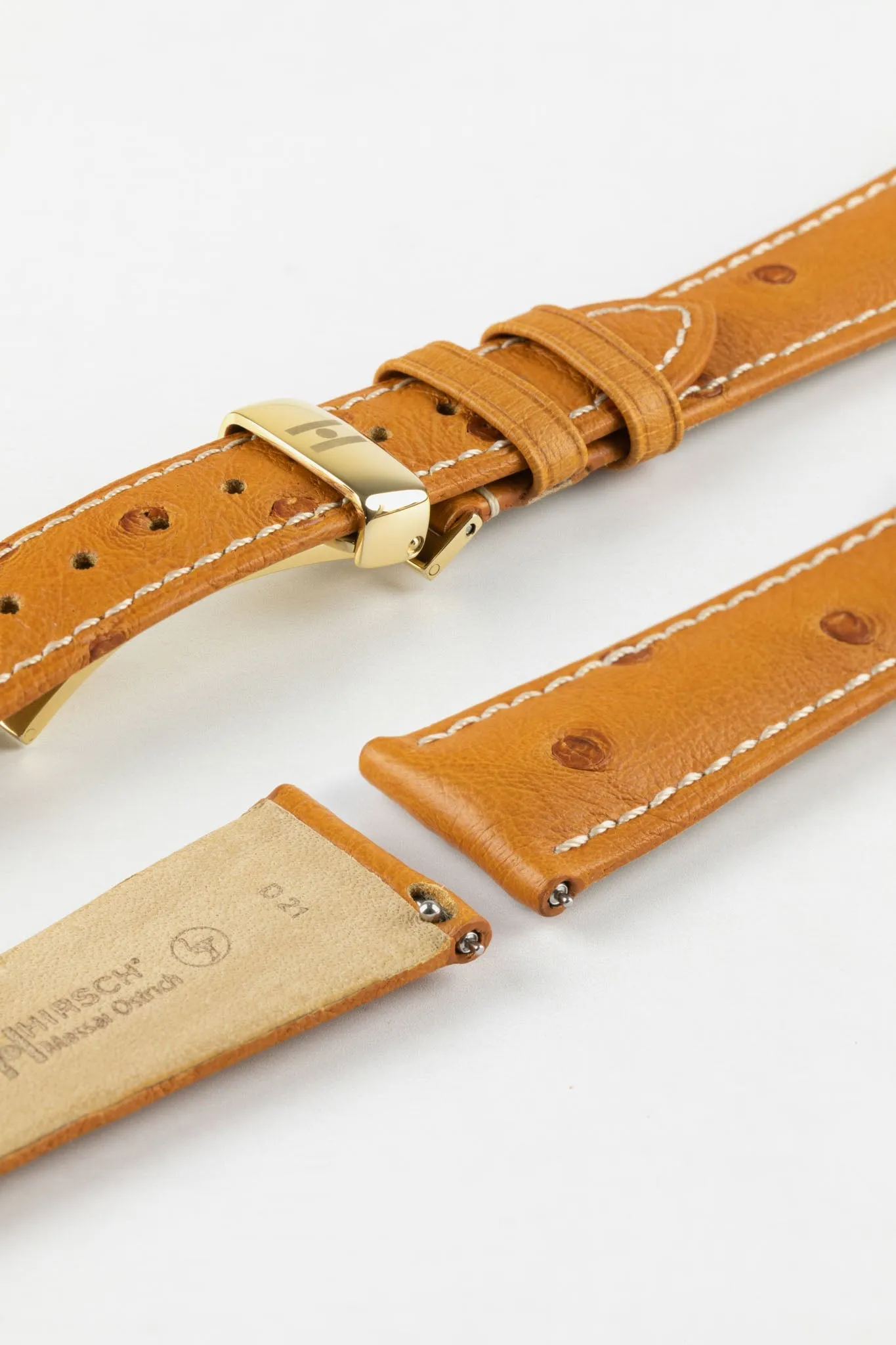 Hirsch MASSAI OSTRICH Leather Watch Strap in HONEY With WHITE Stitching