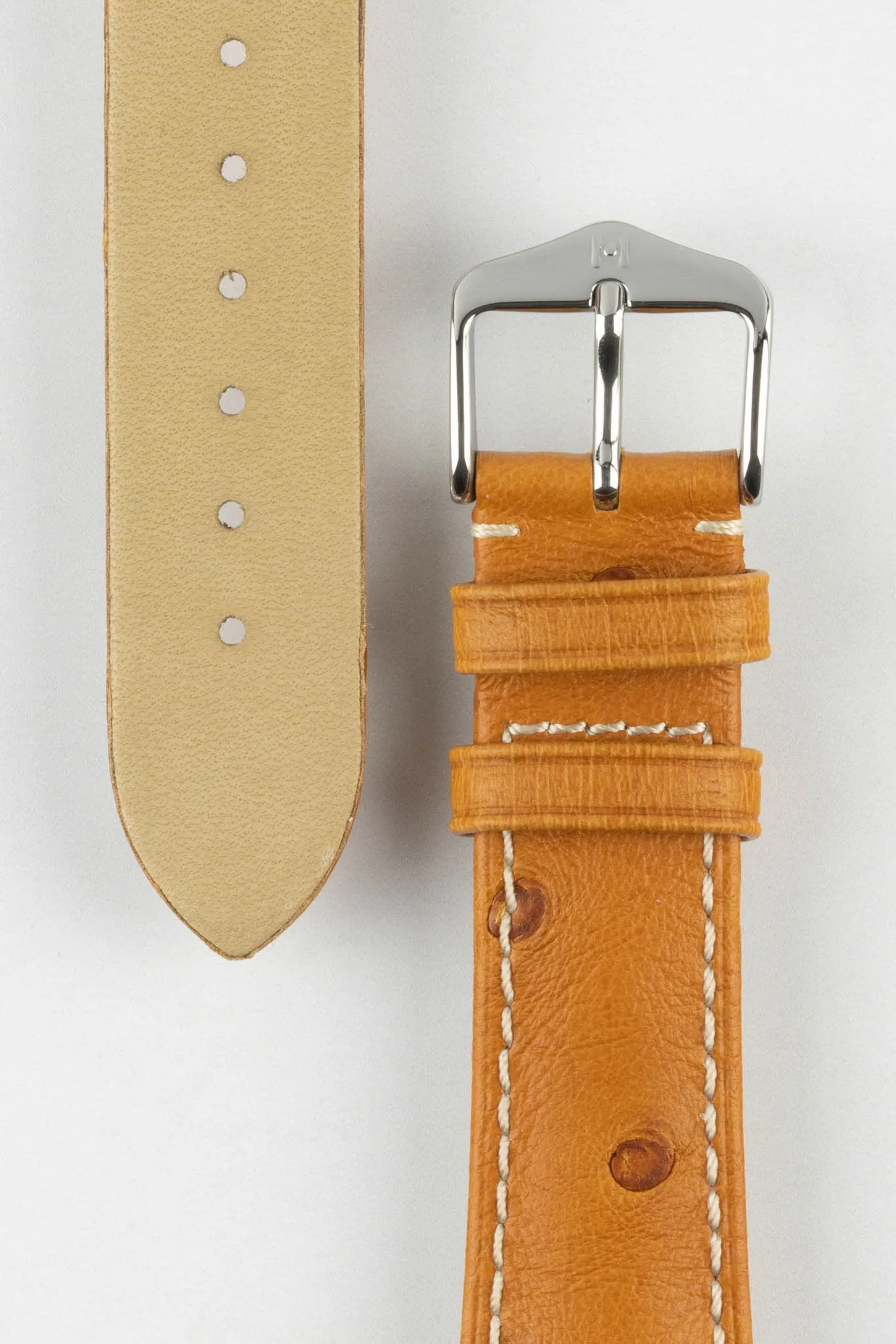 Hirsch MASSAI OSTRICH Leather Watch Strap in HONEY With WHITE Stitching