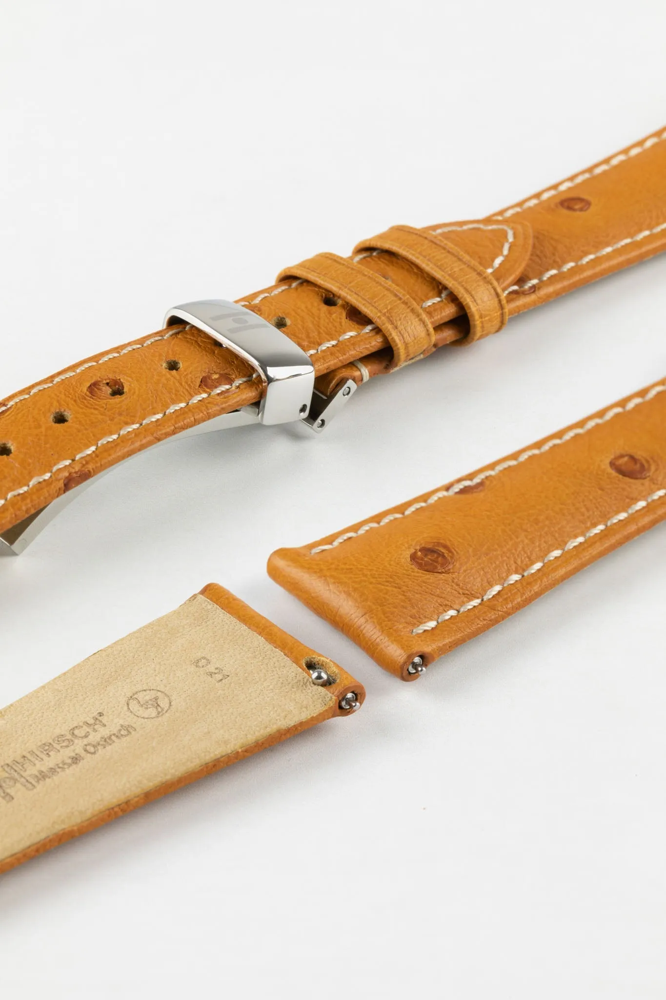 Hirsch MASSAI OSTRICH Leather Watch Strap in HONEY With WHITE Stitching