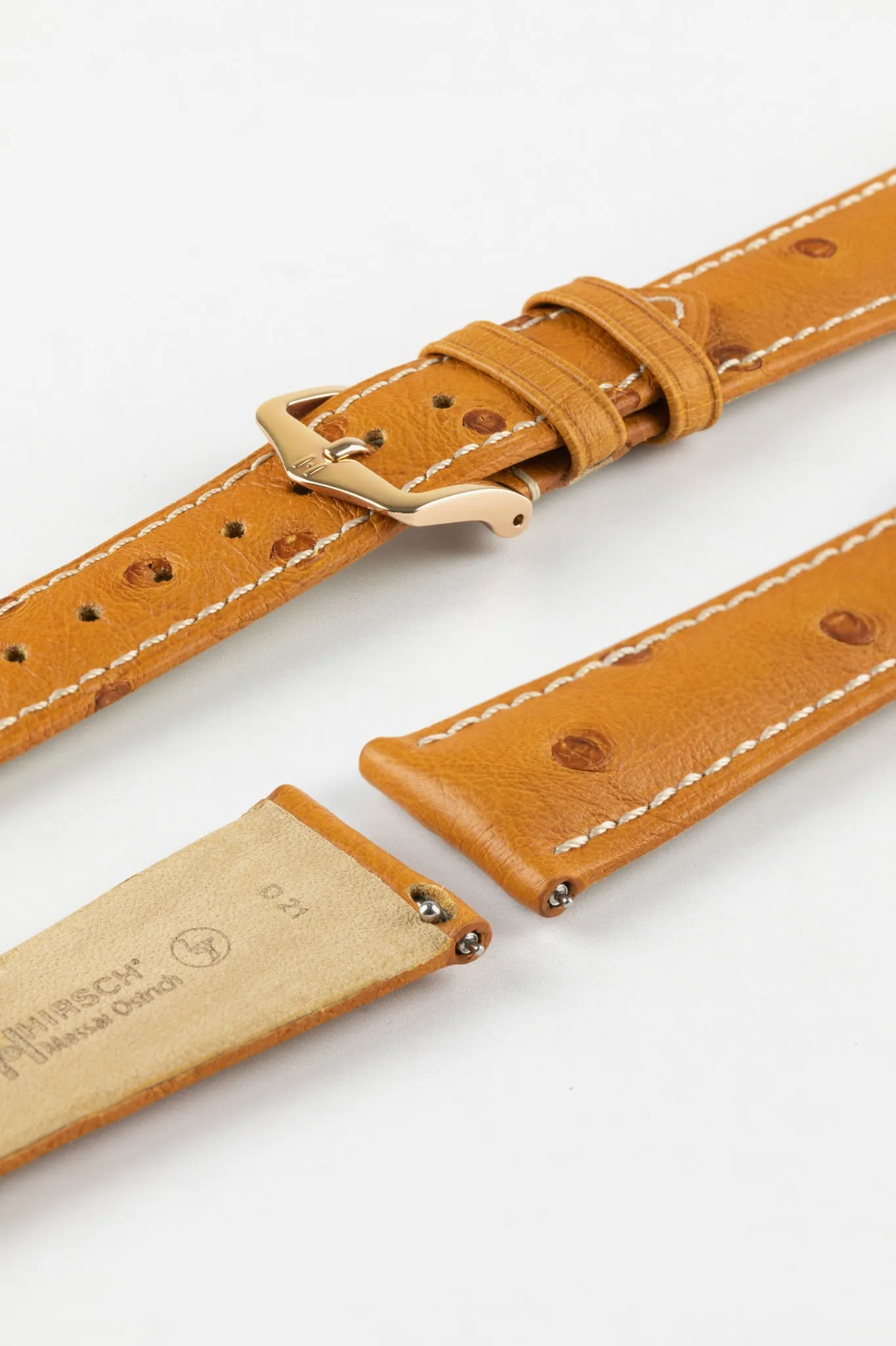 Hirsch MASSAI OSTRICH Leather Watch Strap in HONEY With WHITE Stitching