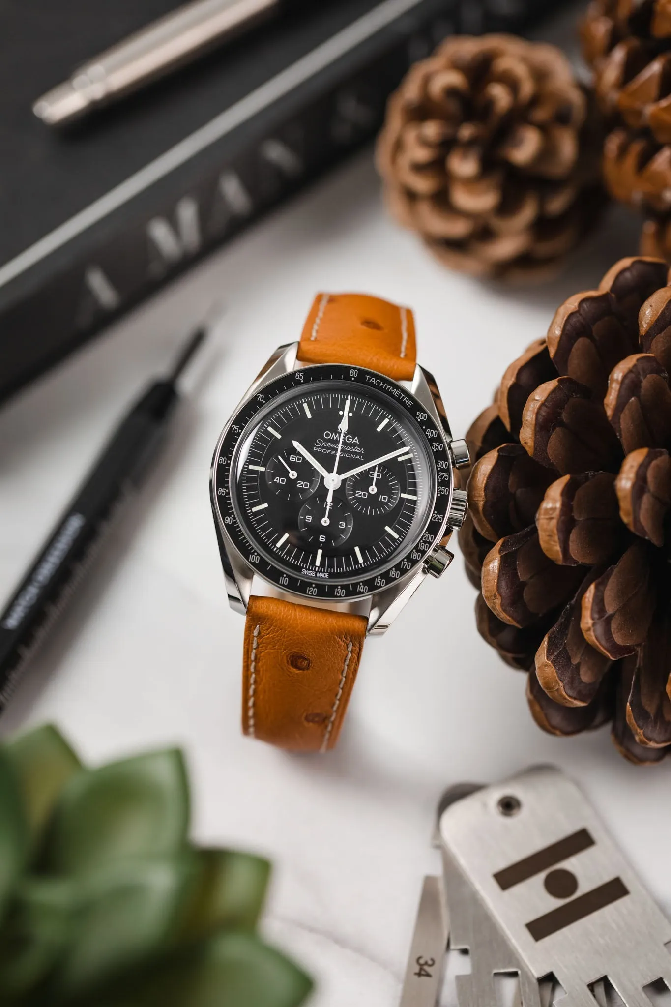 Hirsch MASSAI OSTRICH Leather Watch Strap in HONEY With WHITE Stitching