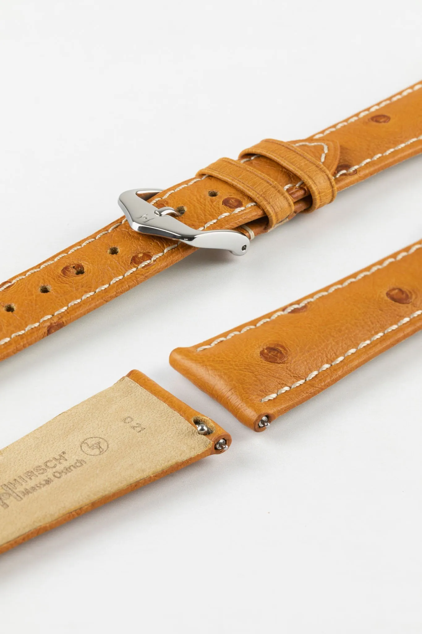 Hirsch MASSAI OSTRICH Leather Watch Strap in HONEY With WHITE Stitching