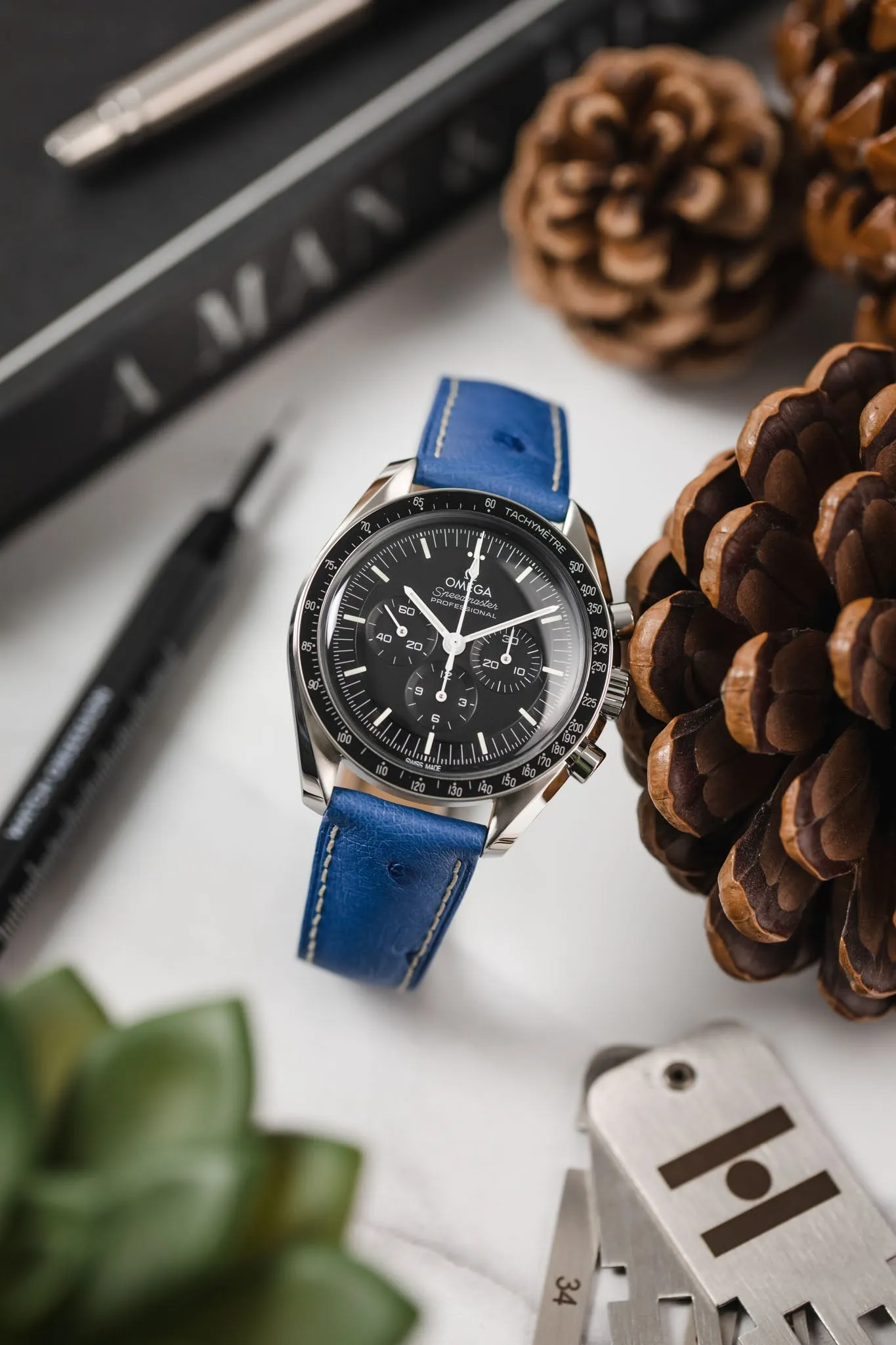 Hirsch MASSAI OSTRICH Leather Watch Strap in ROYAL BLUE With WHITE Stitching