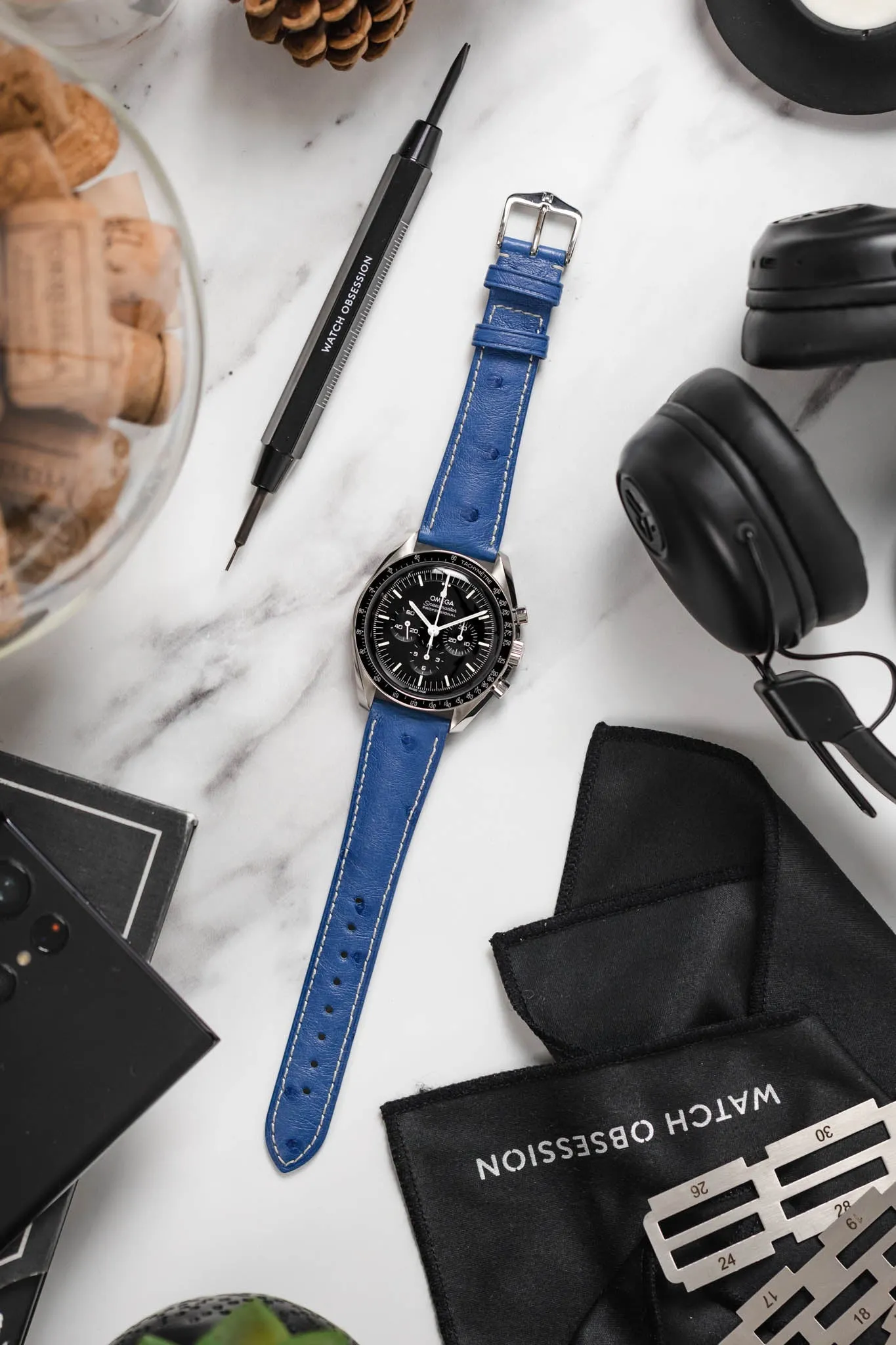 Hirsch MASSAI OSTRICH Leather Watch Strap in ROYAL BLUE With WHITE Stitching