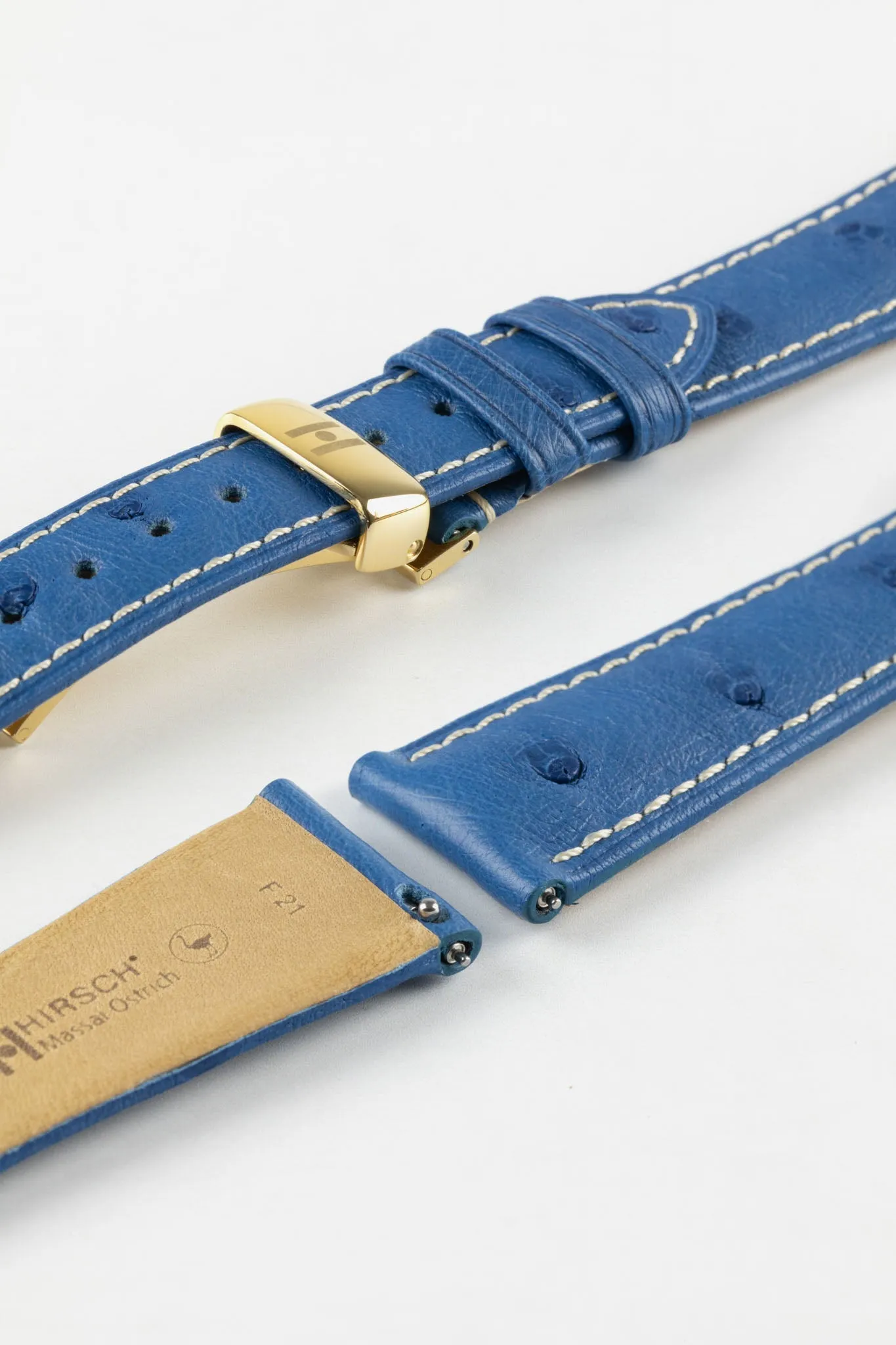 Hirsch MASSAI OSTRICH Leather Watch Strap in ROYAL BLUE With WHITE Stitching