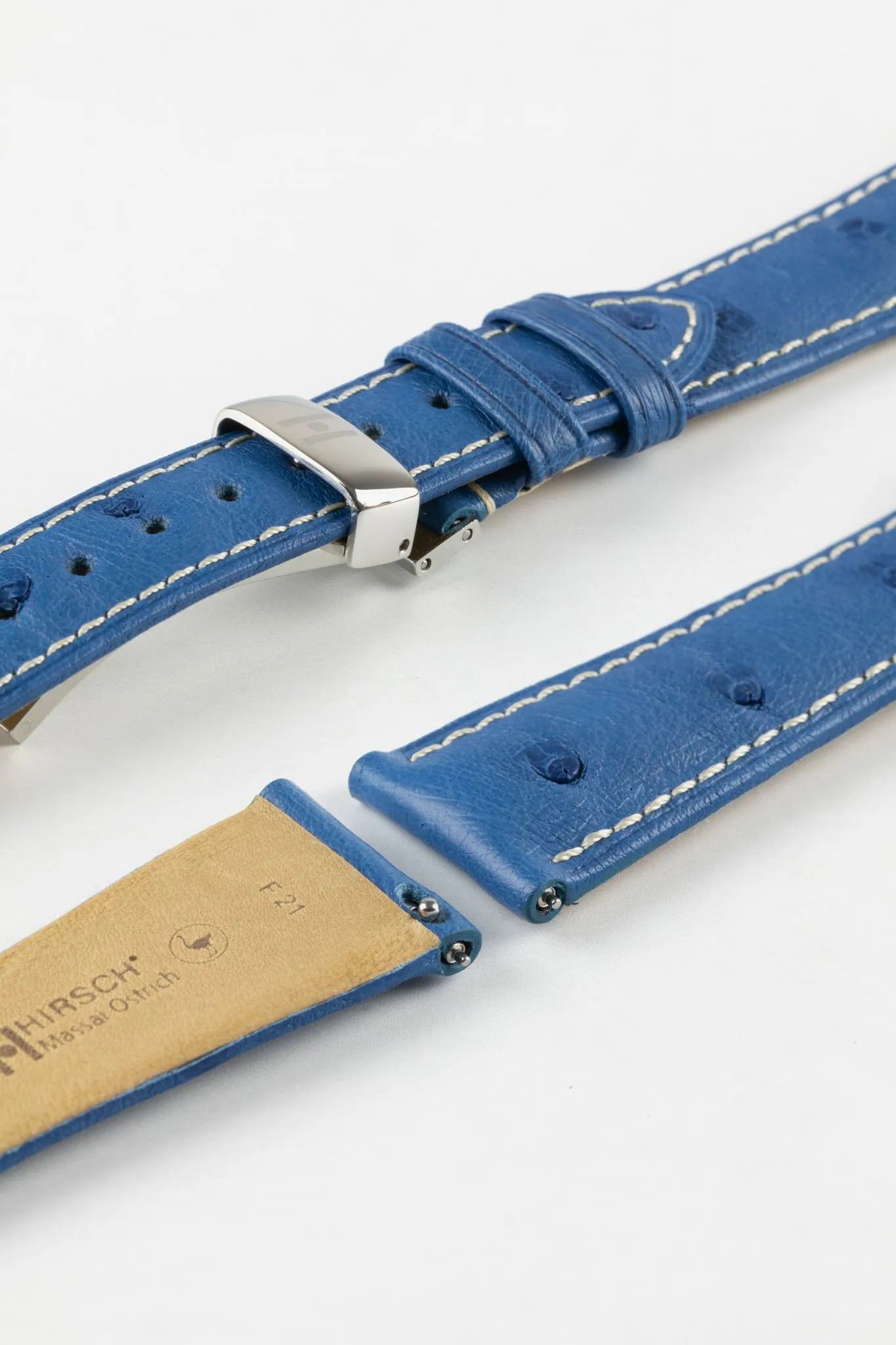 Hirsch MASSAI OSTRICH Leather Watch Strap in ROYAL BLUE With WHITE Stitching