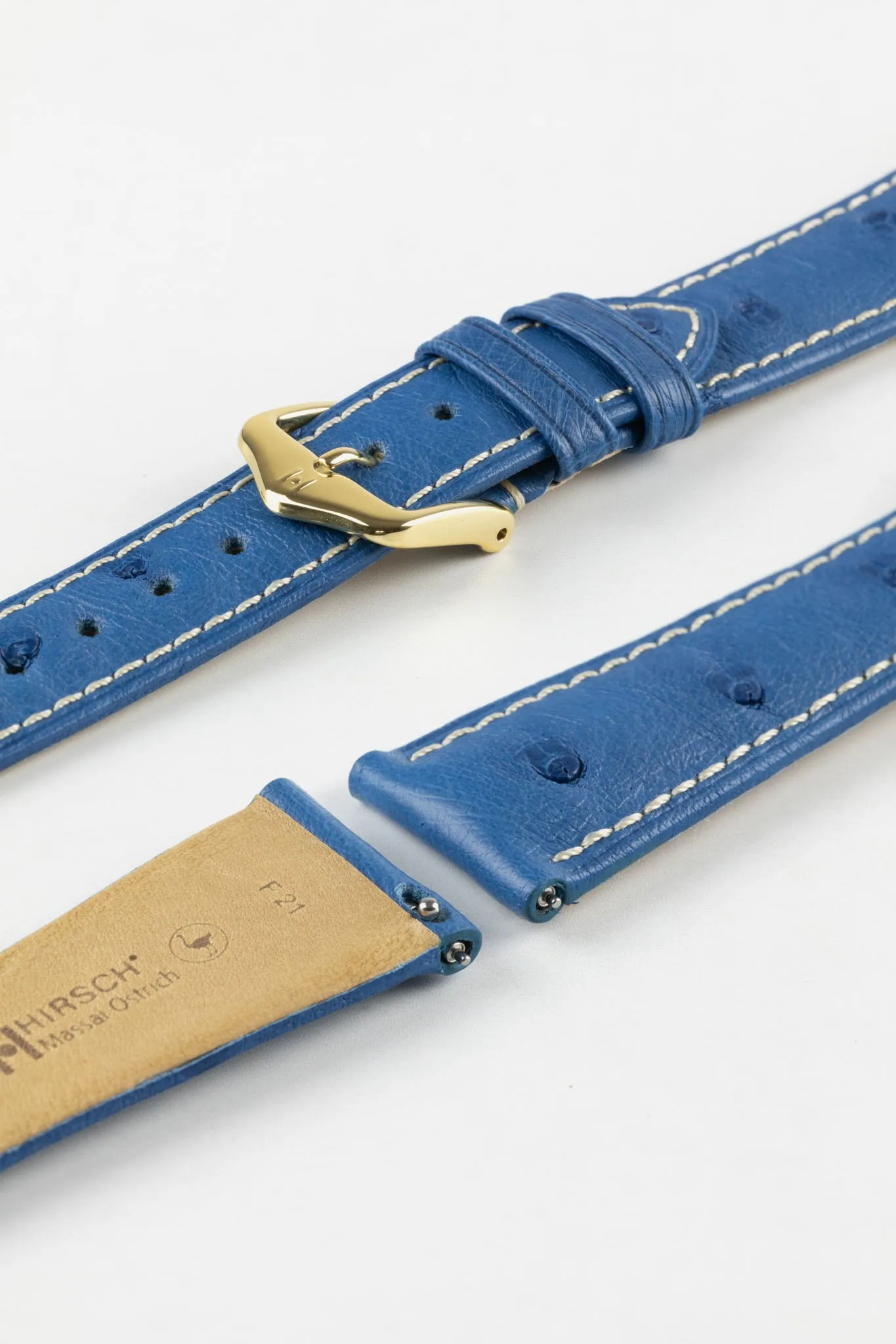Hirsch MASSAI OSTRICH Leather Watch Strap in ROYAL BLUE With WHITE Stitching