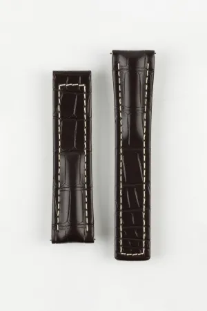 Hirsch NAVIGATOR Alligator Deployment Watch Strap in DARK BROWN