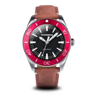 Iron Will. black Dial. Red bezel. Red Leather Strap. SG-0012-04