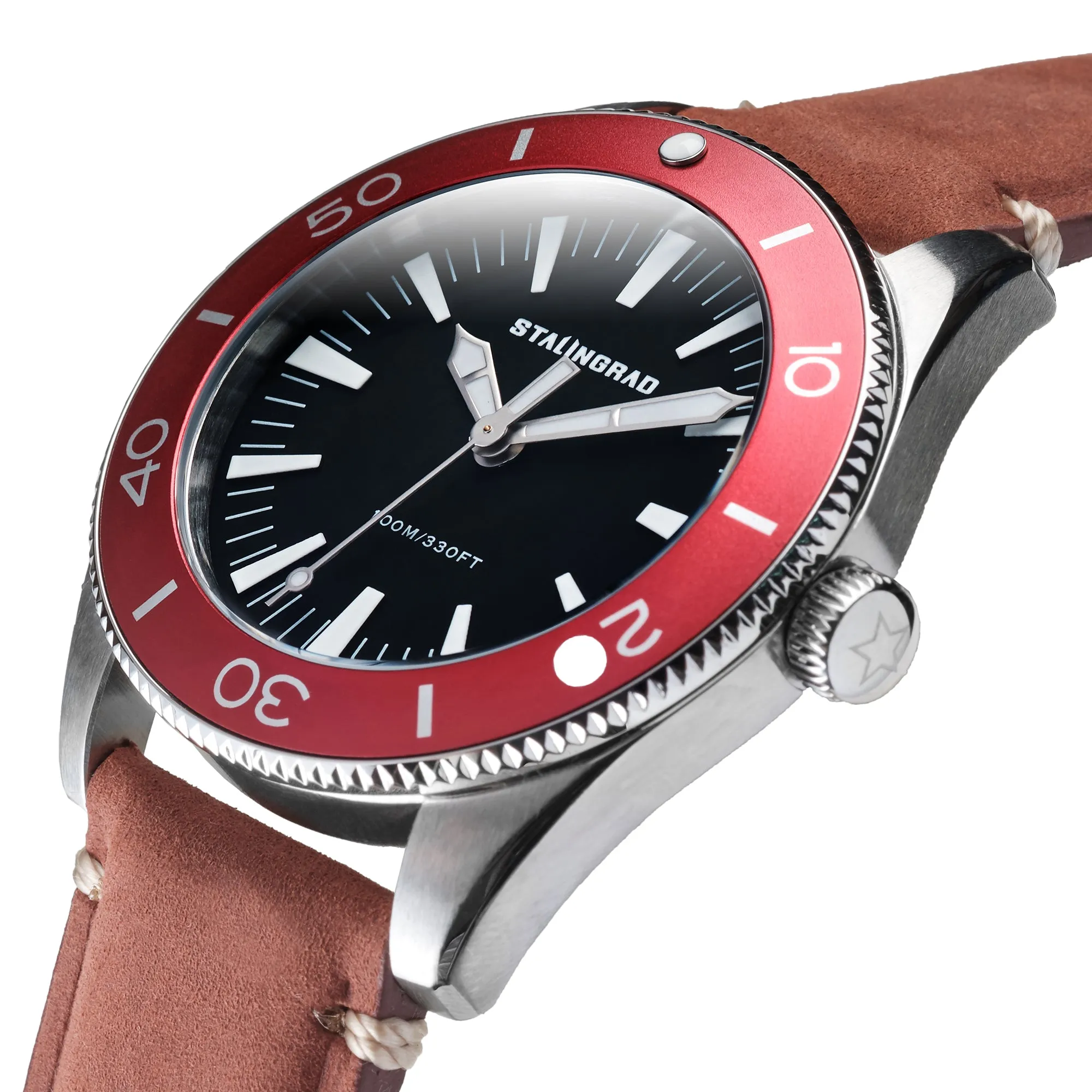Iron Will. black Dial. Red bezel. Red Leather Strap. SG-0012-04