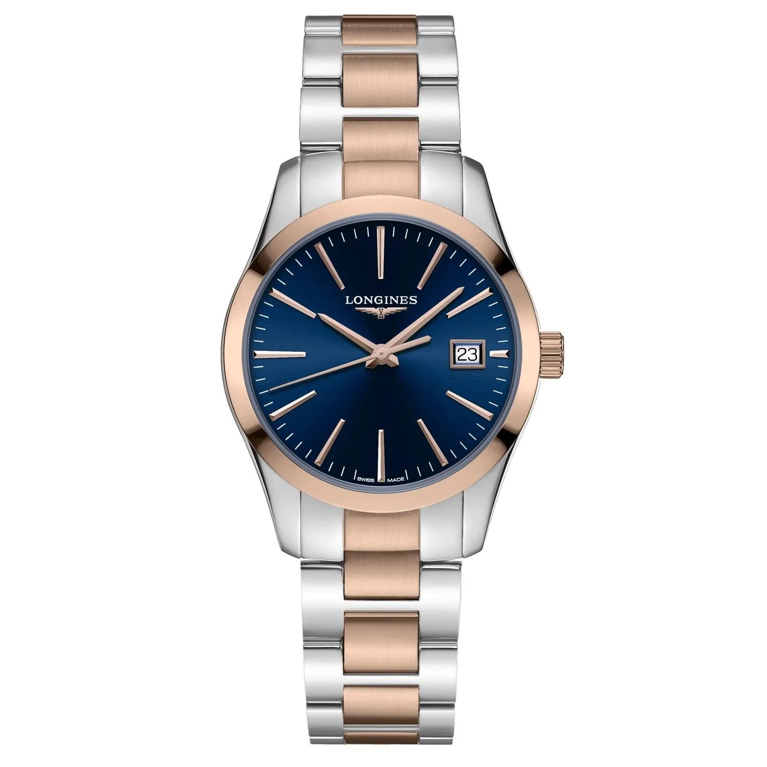 LONGINES CONQUEST CLASSIC 34MM Watch Blue Quartz Steel Finish Pvd Gold Rose L2.386.3.92.7