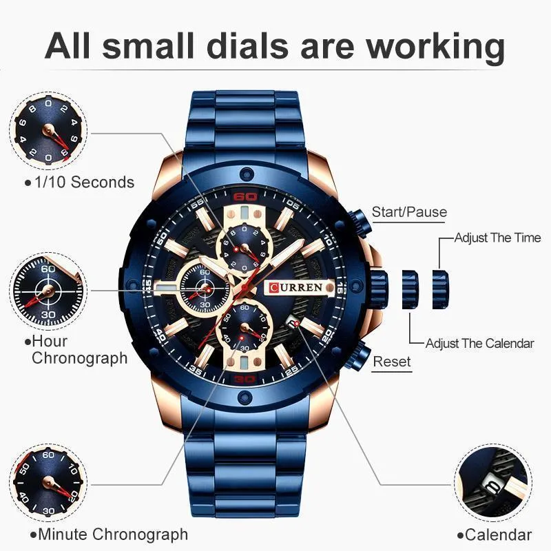 Men Quartz Watch Blue Classic Chronograph