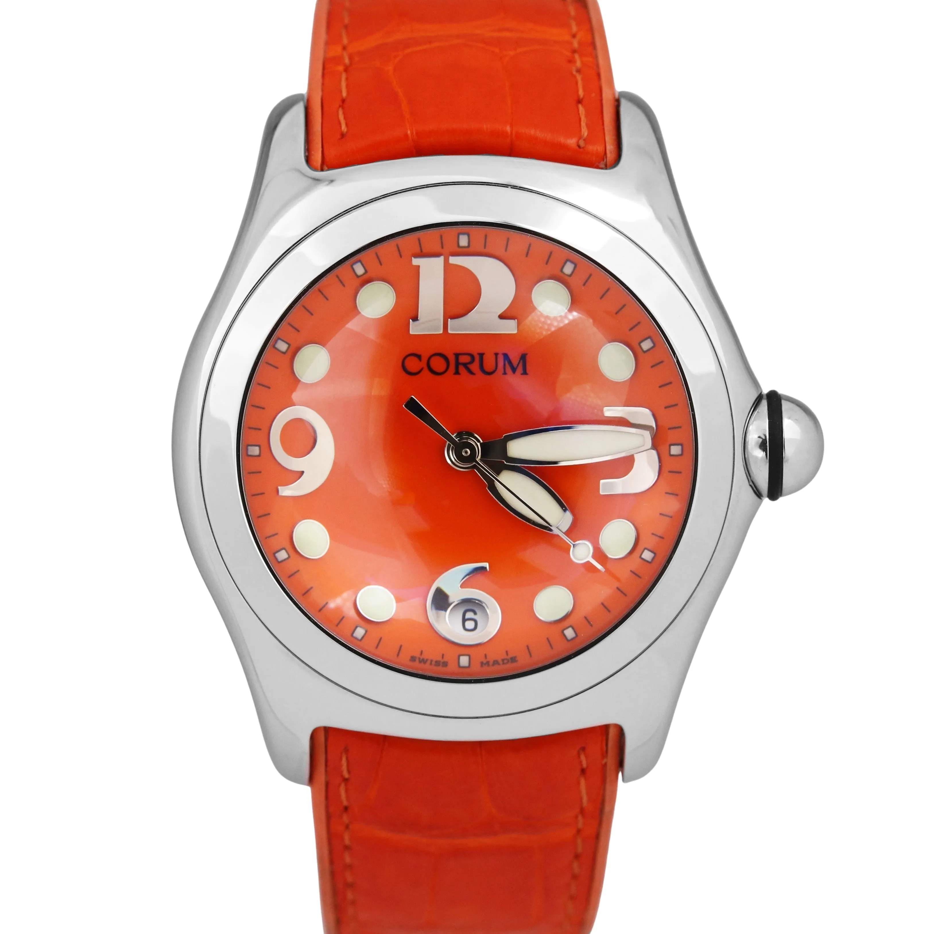 MINT Corum Bubble Orange Leather 45mm 163.150.20 Stainless Steel Quartz Watch