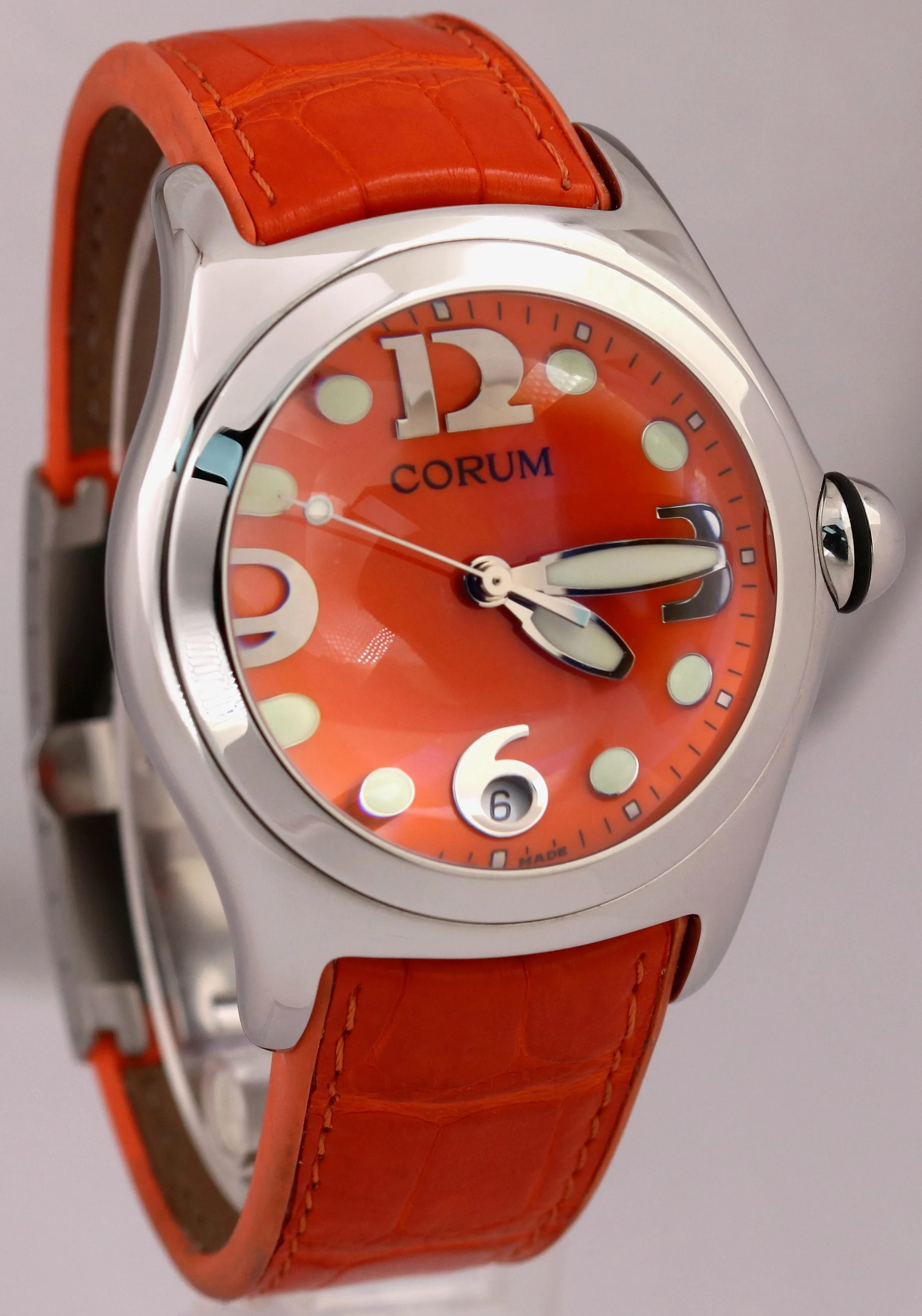 MINT Corum Bubble Orange Leather 45mm 163.150.20 Stainless Steel Quartz Watch