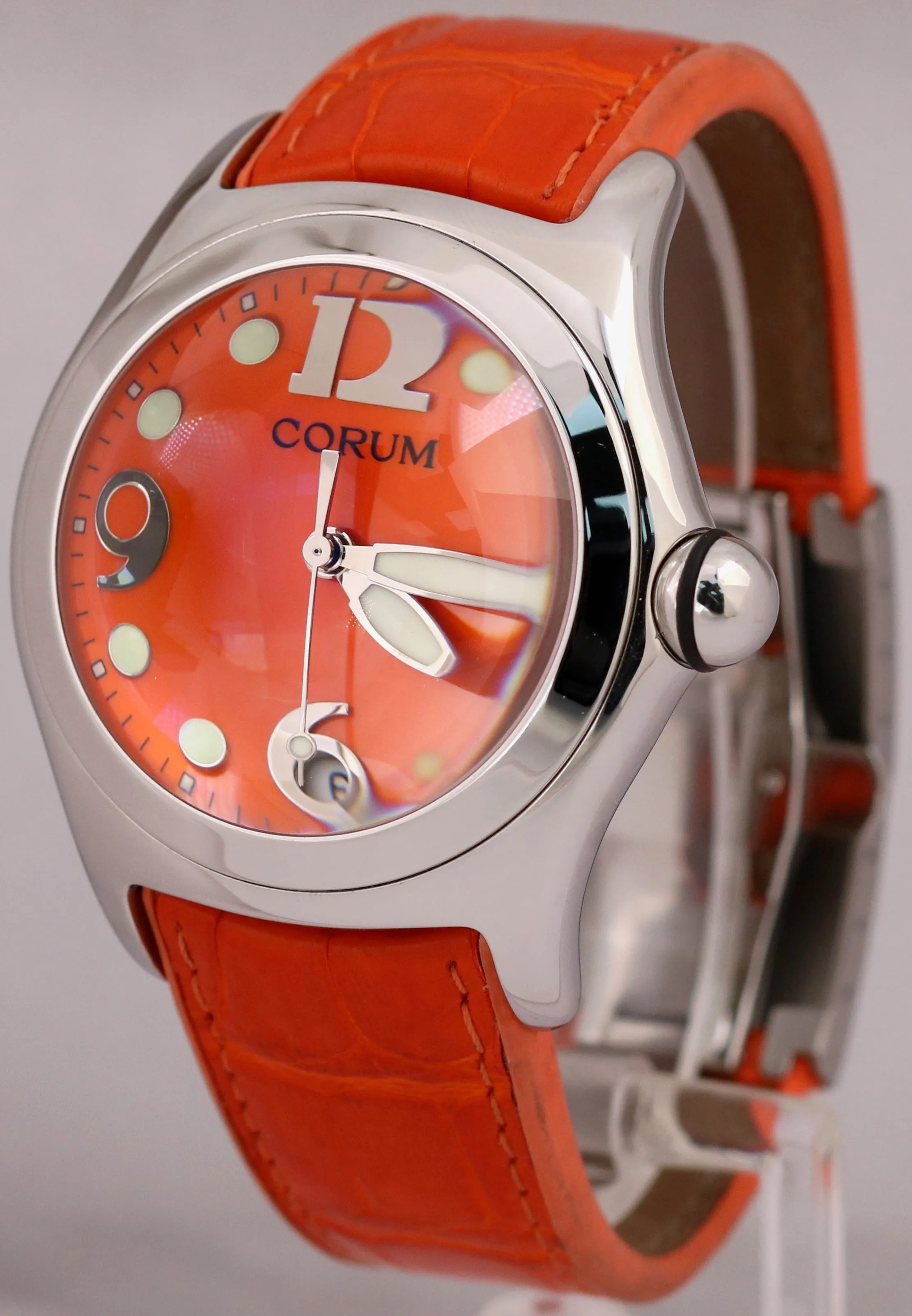 MINT Corum Bubble Orange Leather 45mm 163.150.20 Stainless Steel Quartz Watch