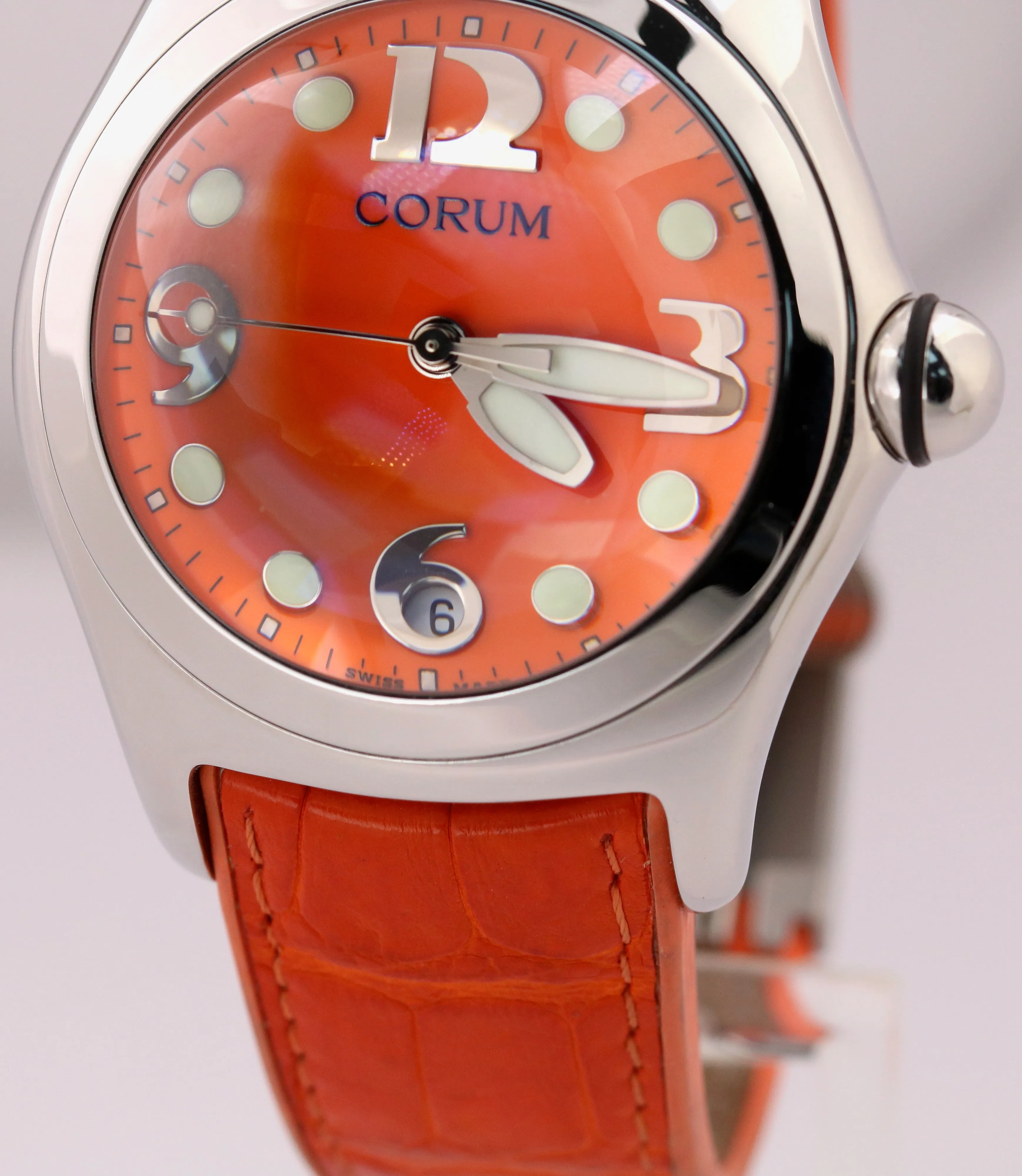 MINT Corum Bubble Orange Leather 45mm 163.150.20 Stainless Steel Quartz Watch