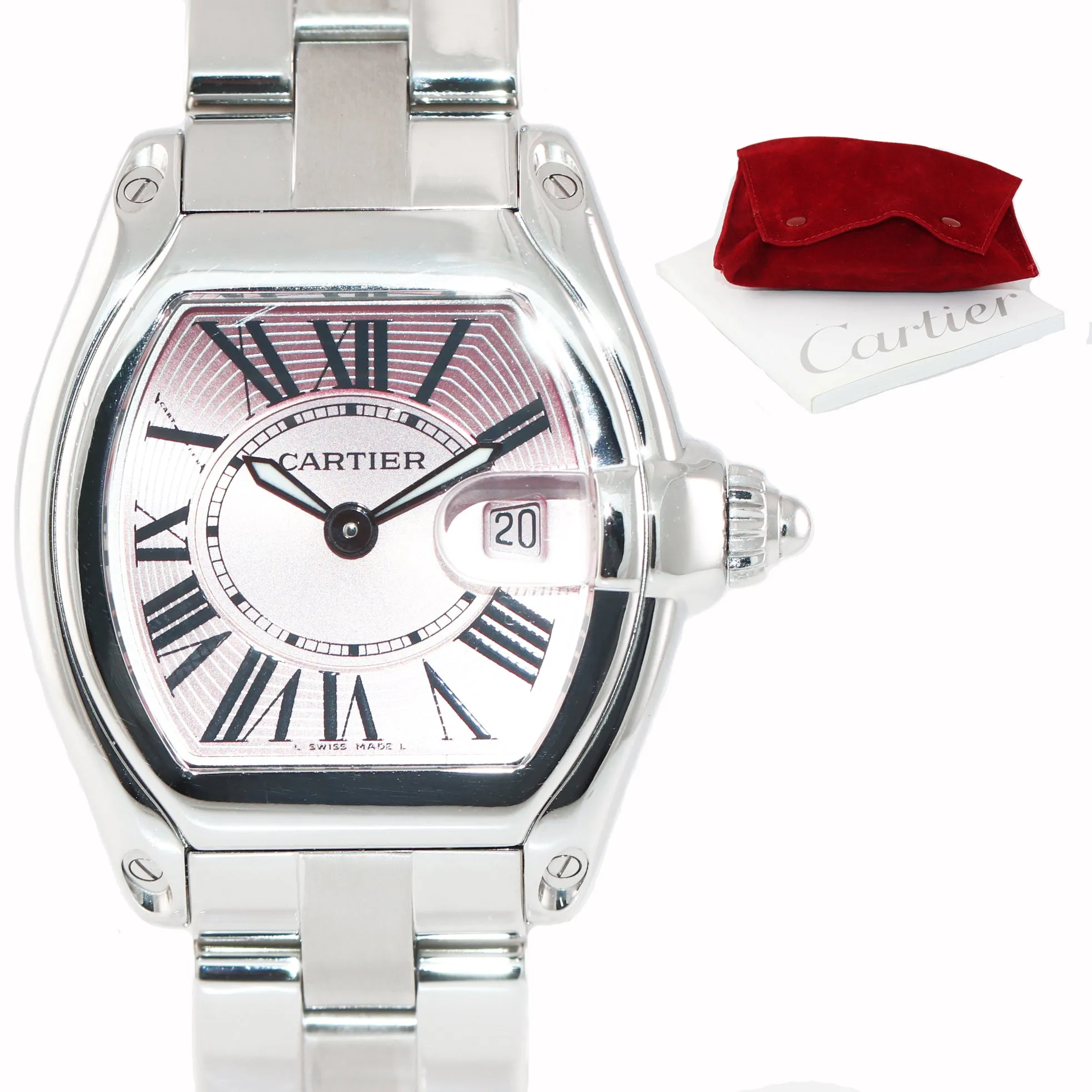 MINT Ladies Cartier Roadster Stainless Steel Pink Roman Dial Date Watch 2675