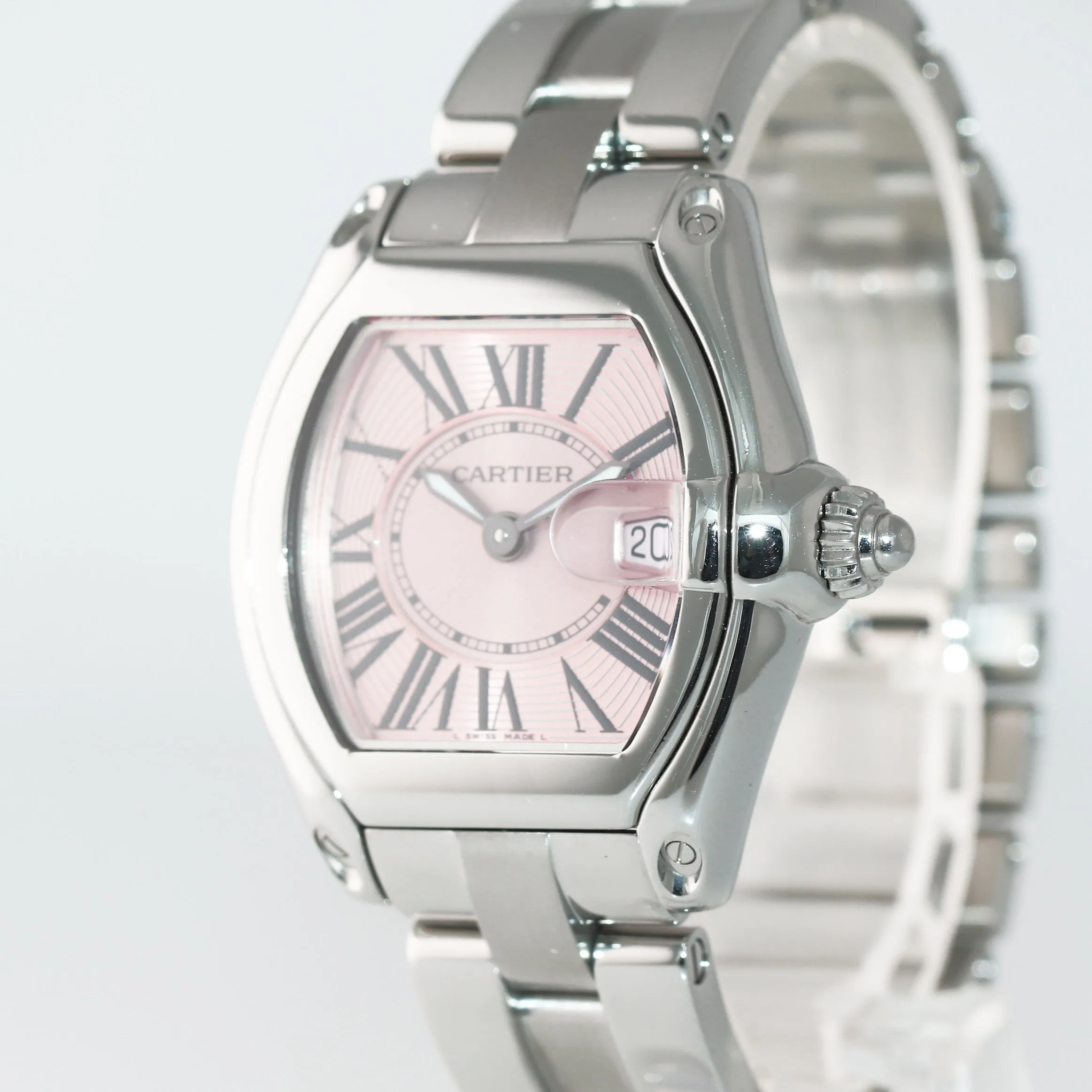 MINT Ladies Cartier Roadster Stainless Steel Pink Roman Dial Date Watch 2675
