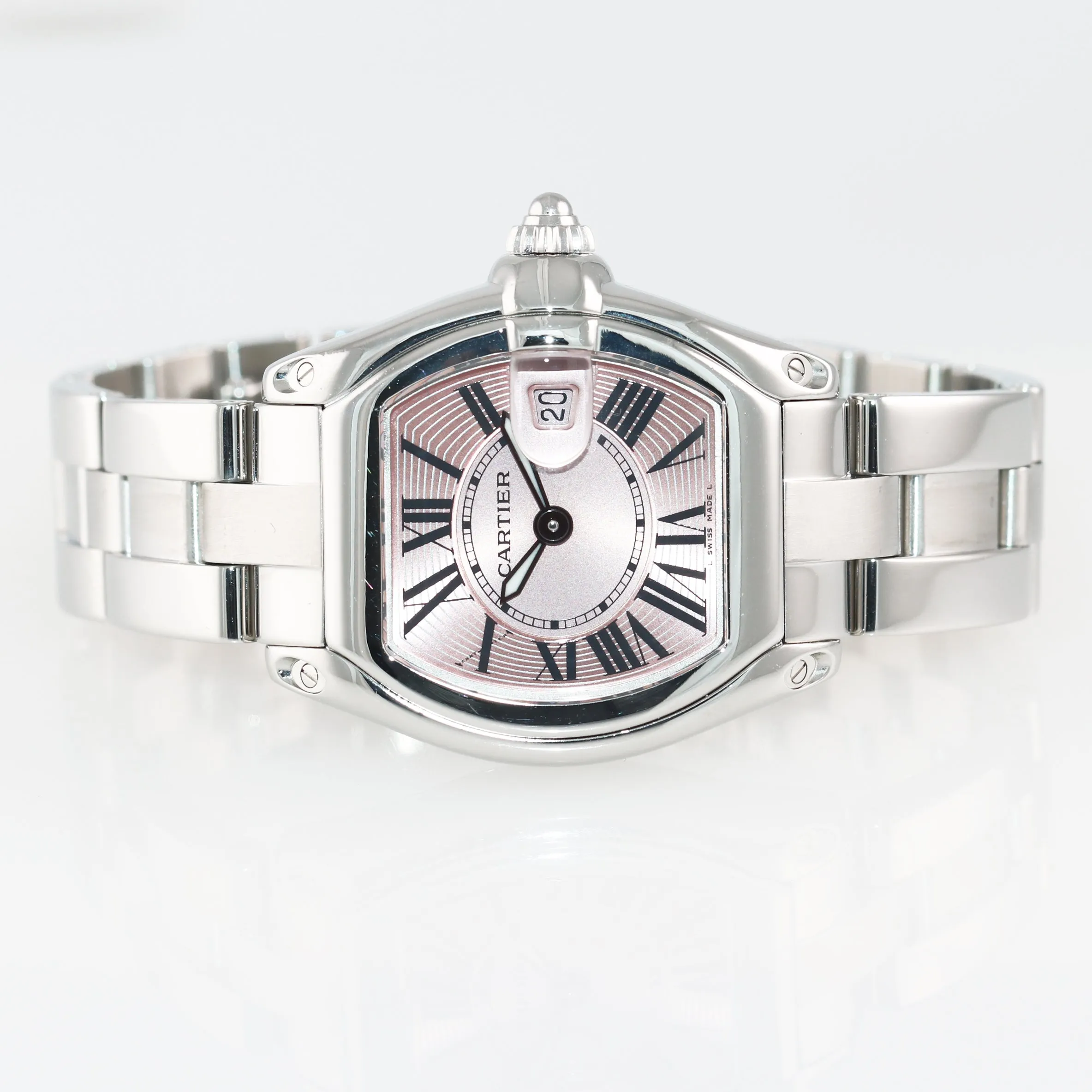 MINT Ladies Cartier Roadster Stainless Steel Pink Roman Dial Date Watch 2675