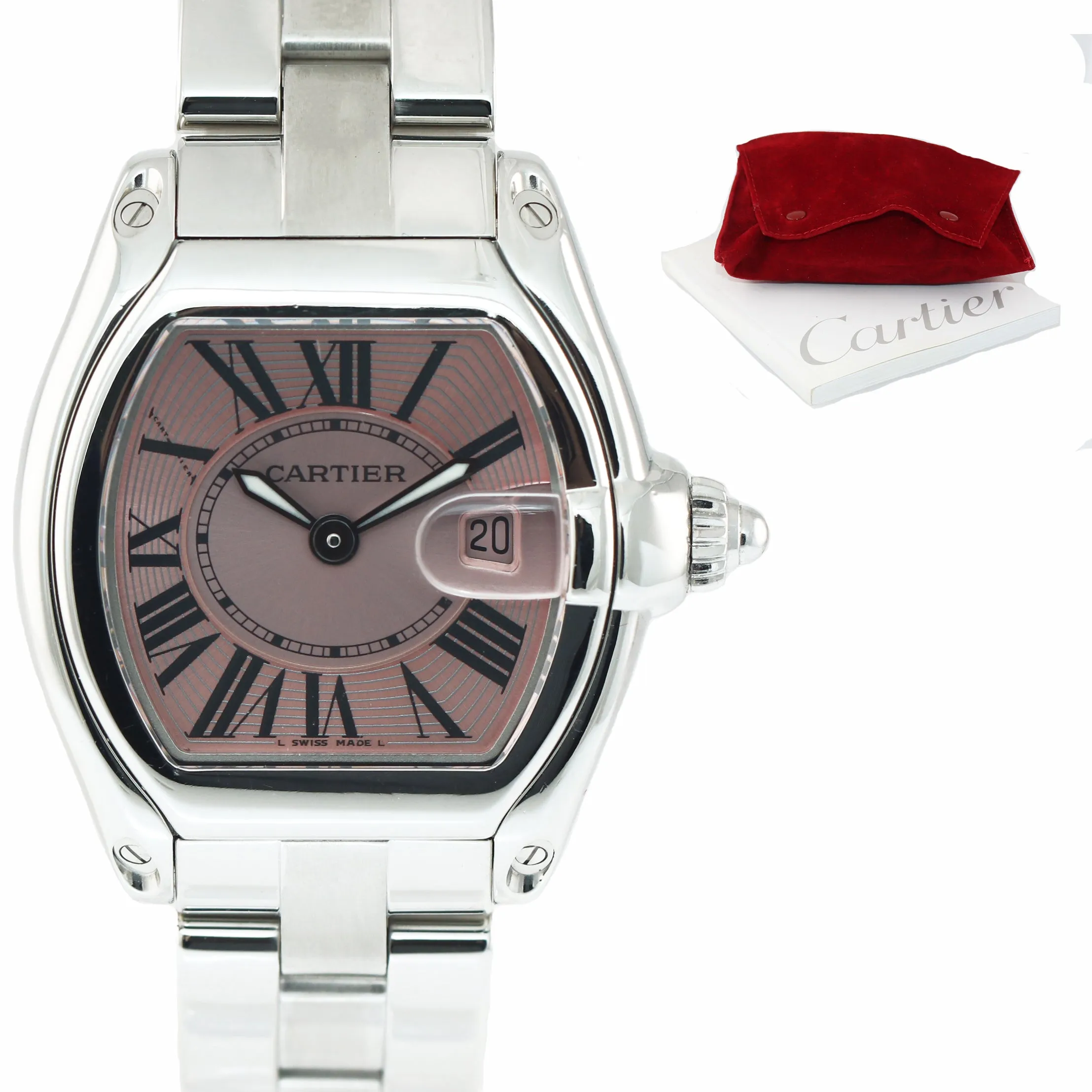MINT Ladies Cartier Roadster Stainless Steel Pink Roman Dial Date Watch 2675