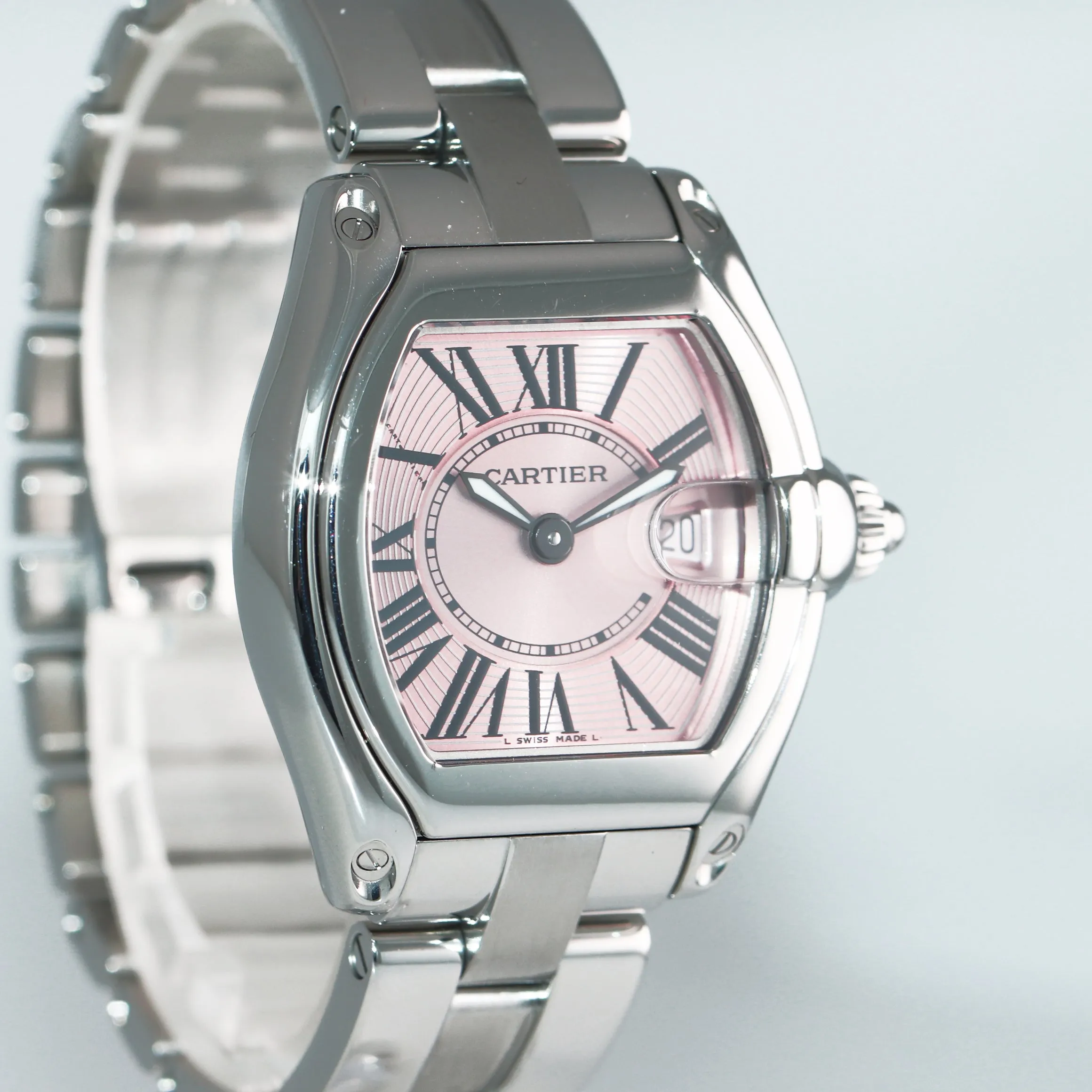MINT Ladies Cartier Roadster Stainless Steel Pink Roman Dial Date Watch 2675