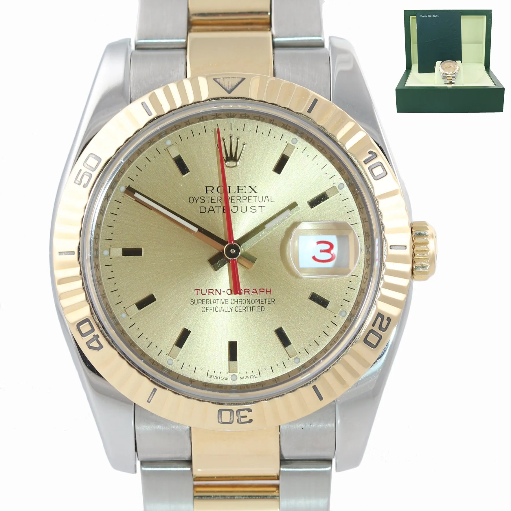 MINT Rolex DateJust 116263 Turn-O-Graph 36mm Thunderbird Champagne Watch Box