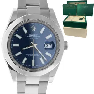 MINT Rolex DateJust II Blue Smooth Stainless Steel 41mm Oyster Watch 116300
