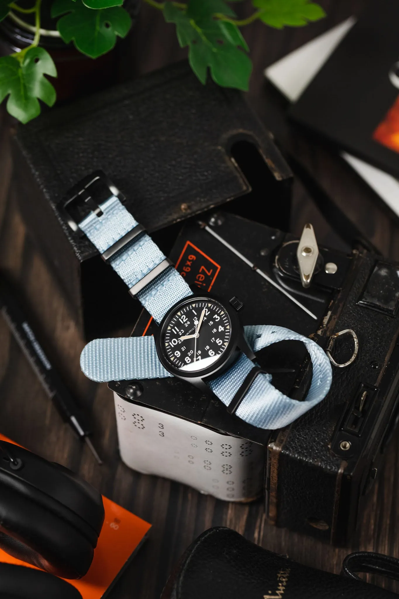 Nylon Seatbelt One-Piece Watch Strap in SKY BLUE with BLACK PVD Hardware