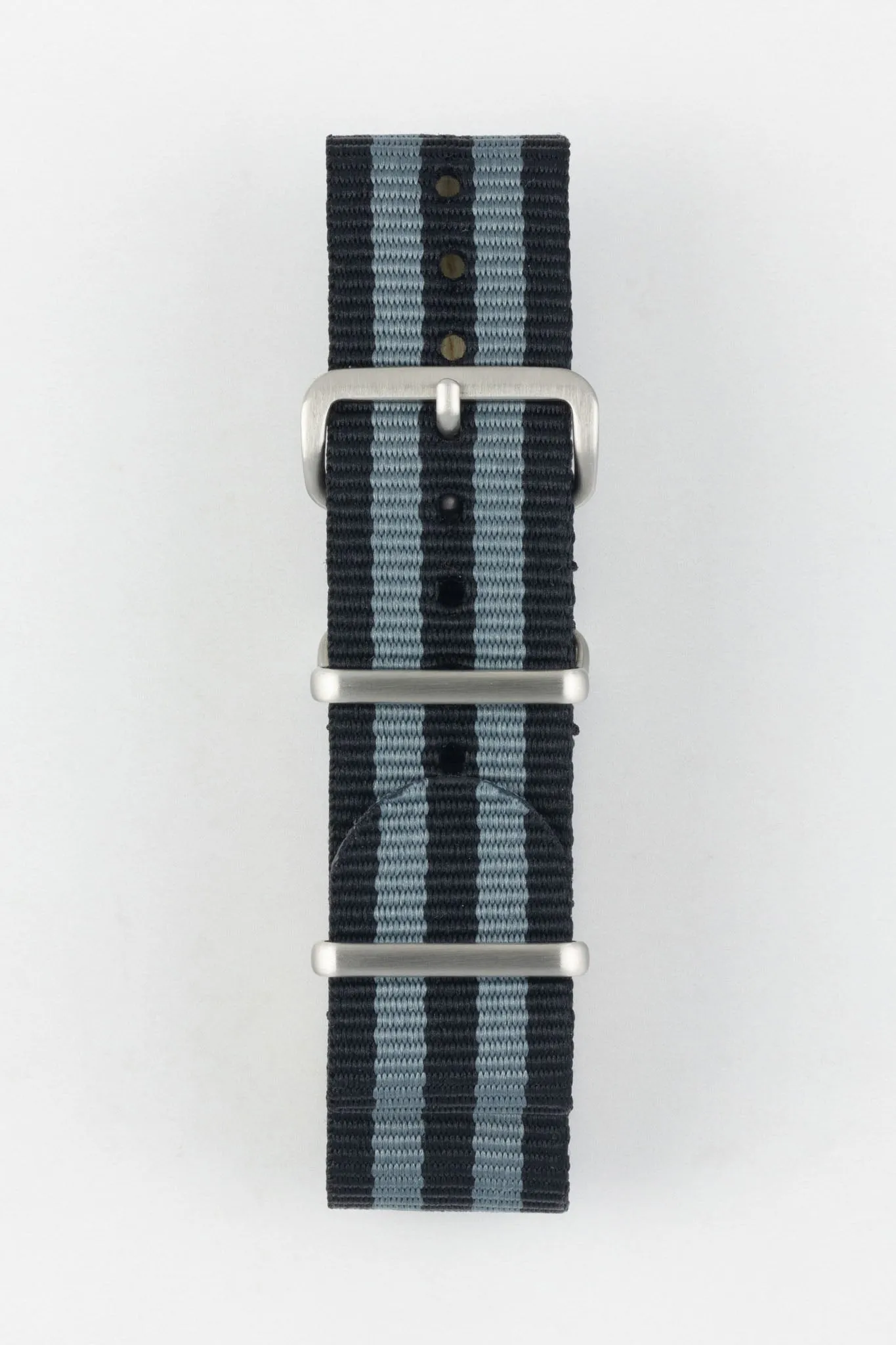 Nylon Watch Strap in BLACK / GREY Stripes with Brushed Buckle & Keepers