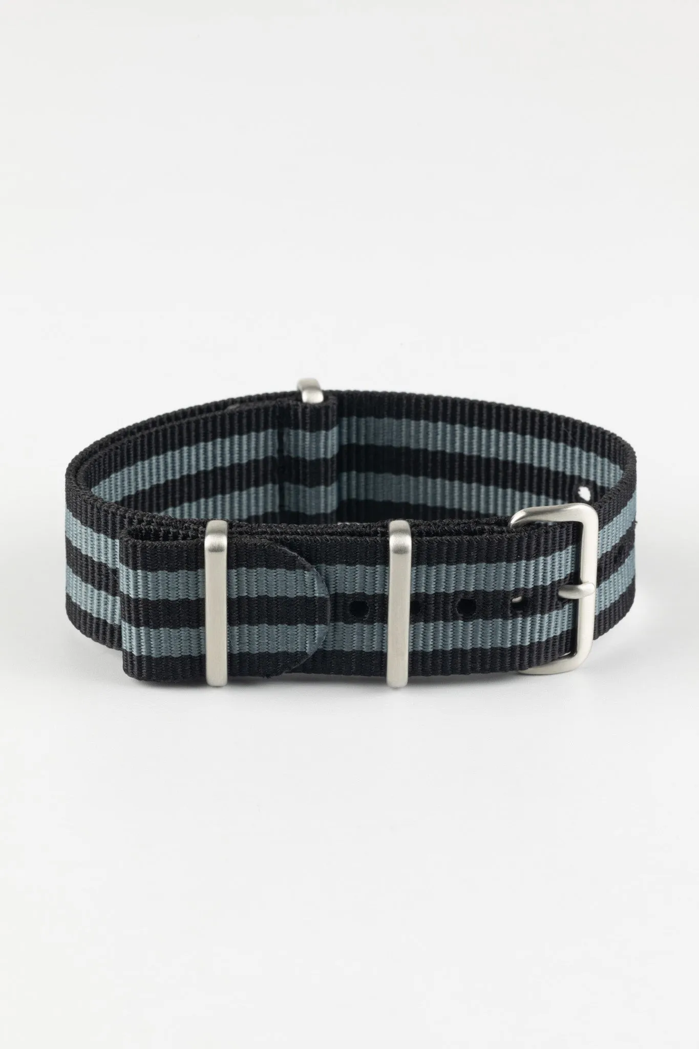 Nylon Watch Strap in BLACK / GREY Stripes with Brushed Buckle & Keepers