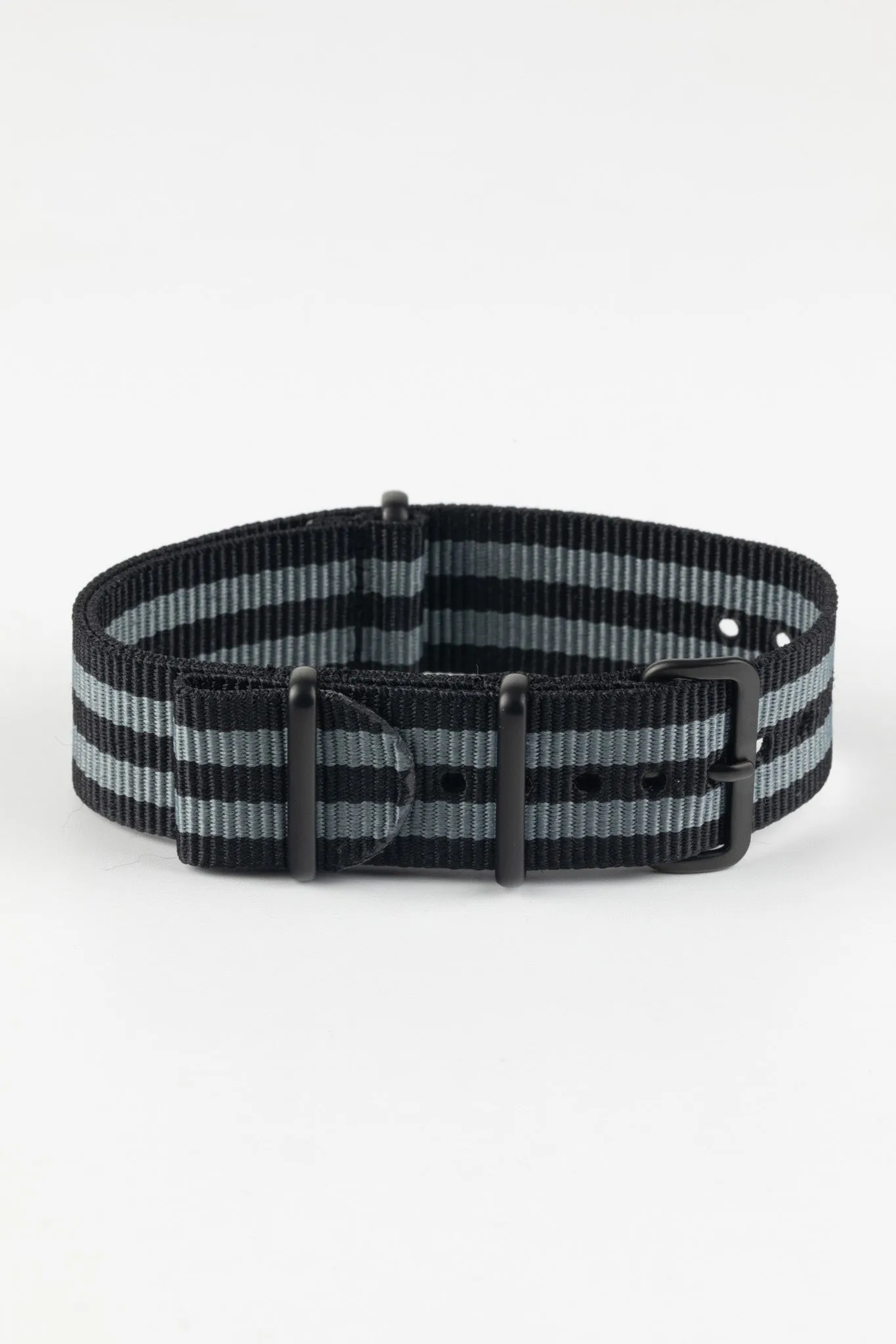 Nylon Watch Strap in BLACK / GREY Stripes with PVD Buckle & Keepers