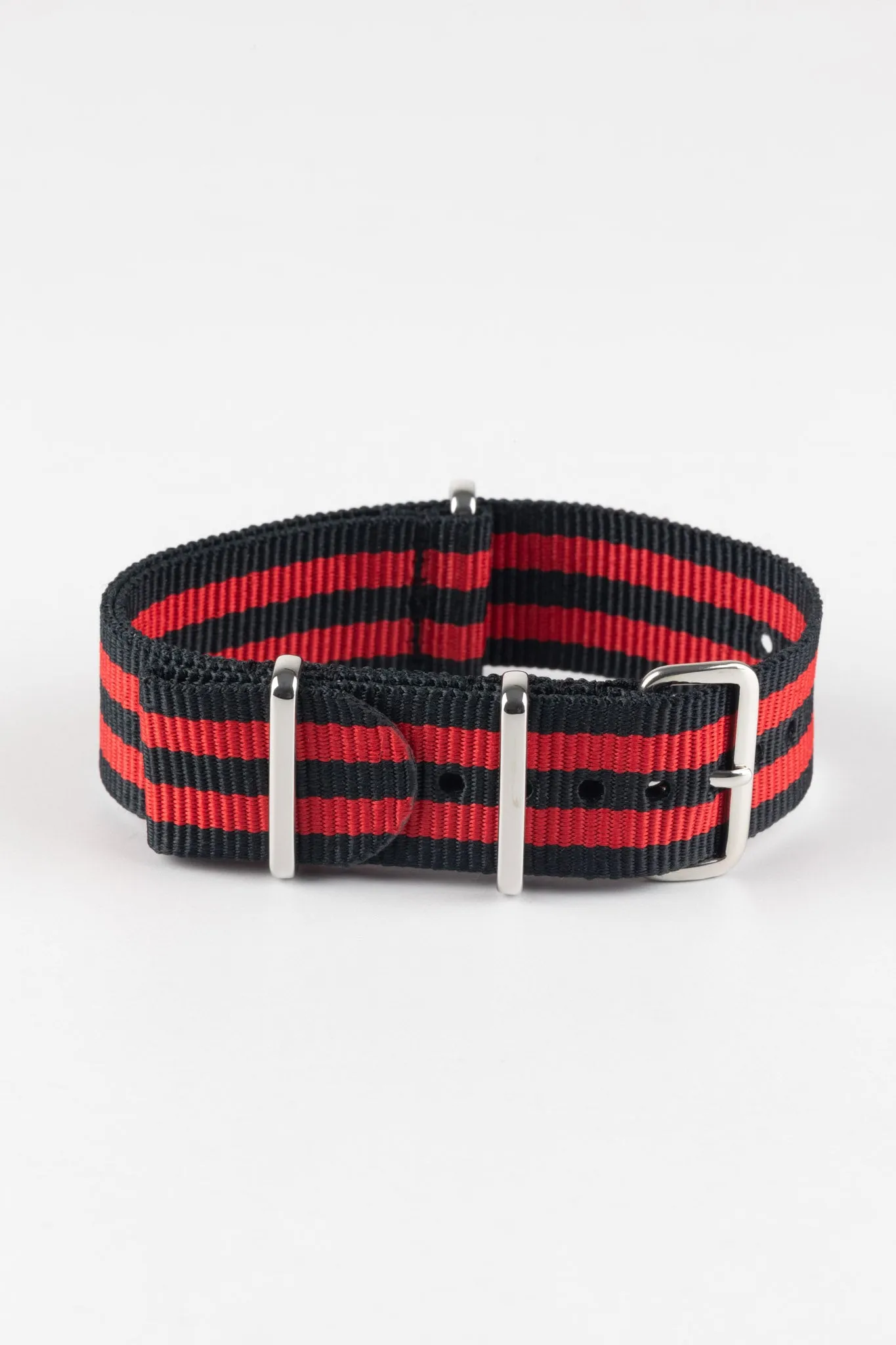 Nylon Watch Strap in BLACK / RED Stripes with Polished Buckle & Keepers
