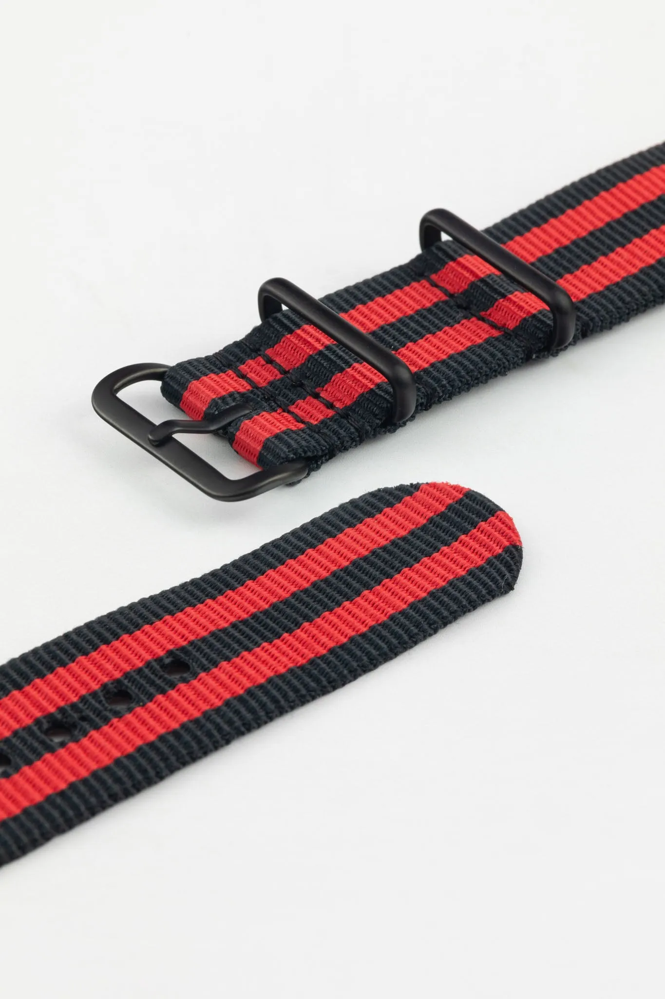 Nylon Watch Strap in BLACK / RED Stripes with PVD Buckle & Keepers