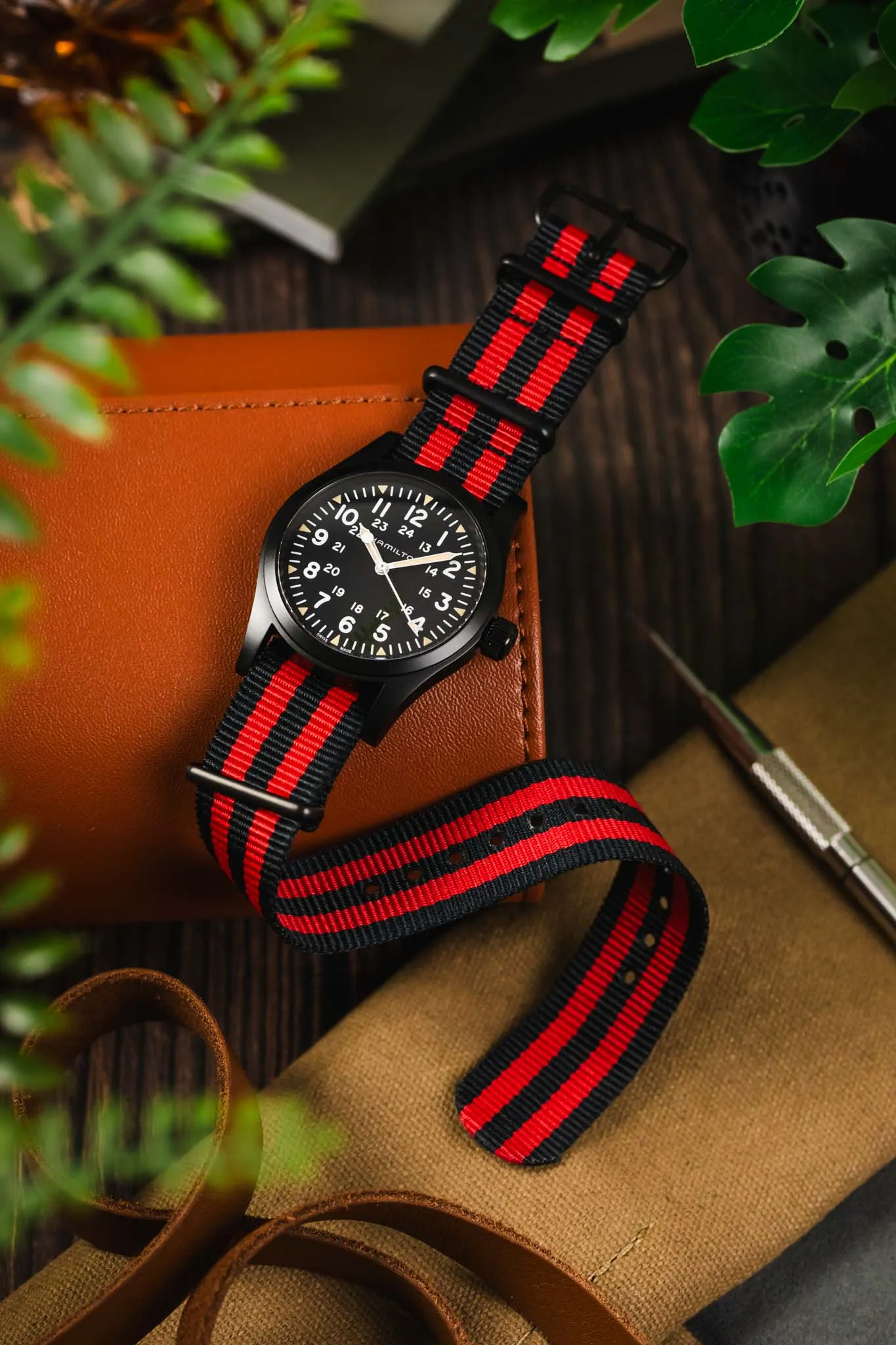 Nylon Watch Strap in BLACK / RED Stripes with PVD Buckle & Keepers