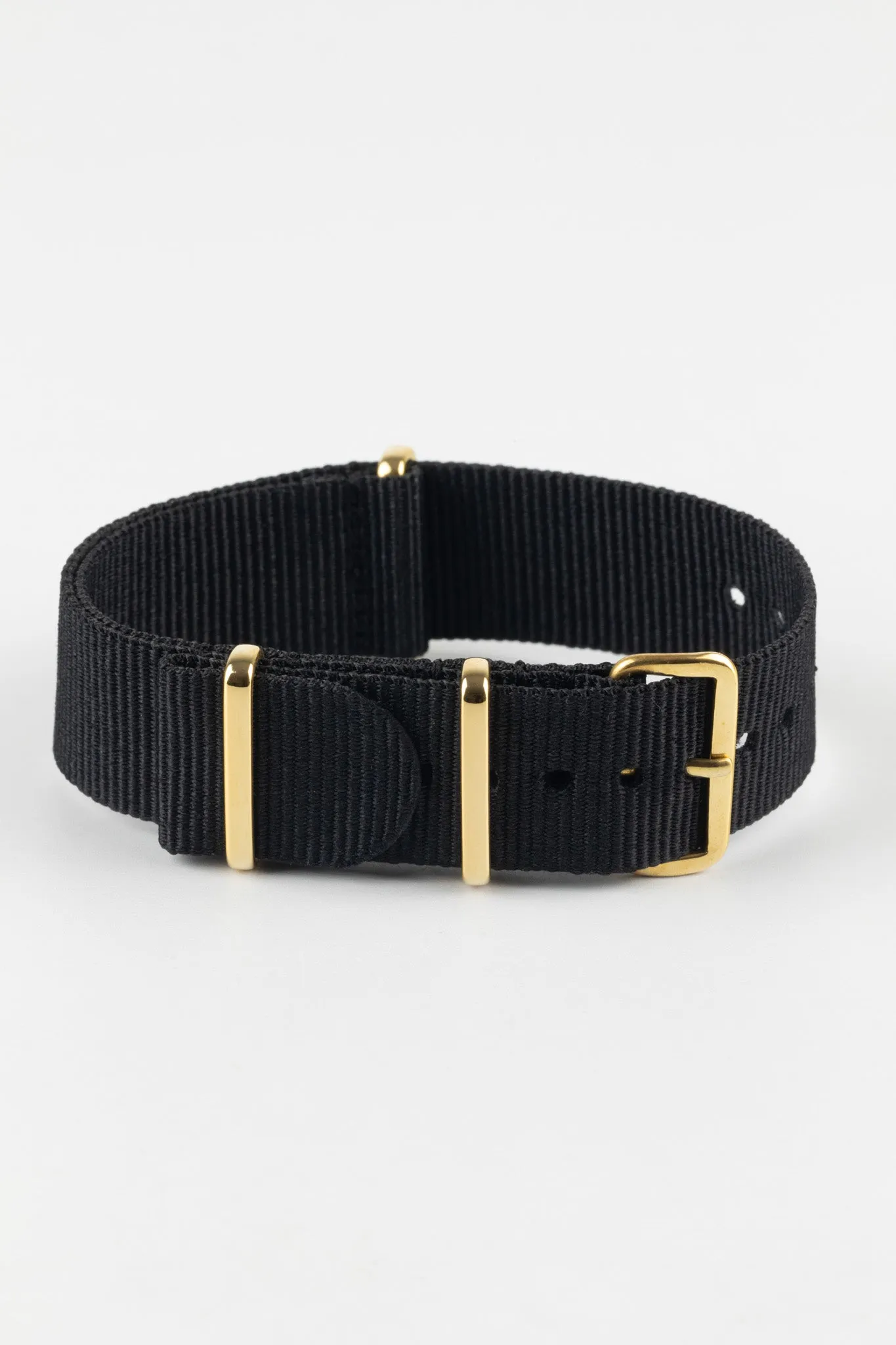 Nylon Watch Strap in BLACK with Gold Buckle and Keepers
