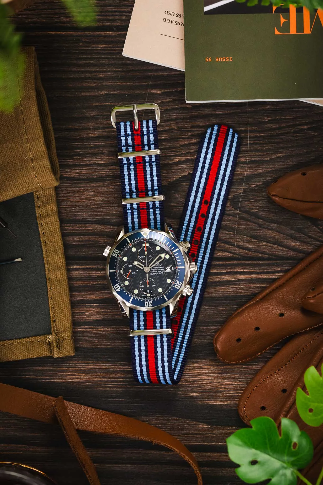 Nylon Watch Strap in BLUE / RED Motorsport Stripes with Polished Buckle & Keepers