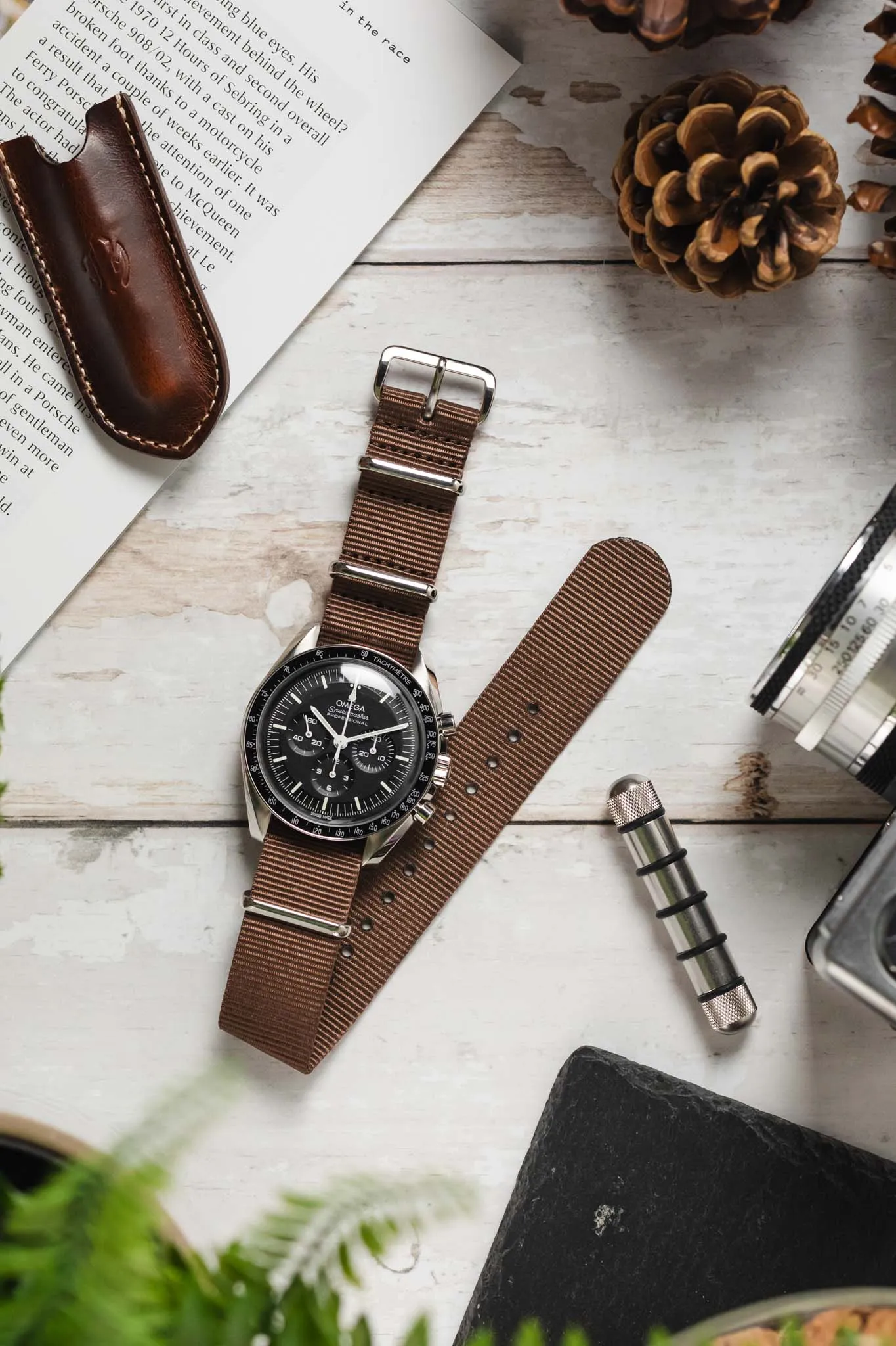 Nylon Watch Strap in COFFEE BROWN with Polished Buckle and Keepers