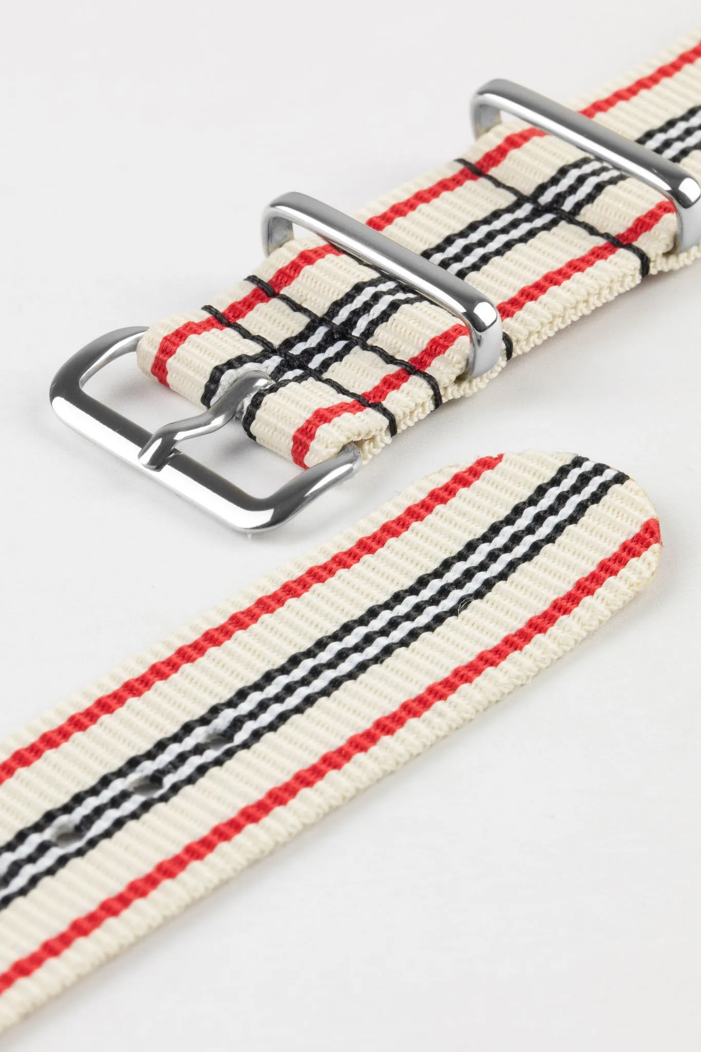 Nylon Watch Strap in CREAM/RED/WHITE with Polished Buckle and Keepers