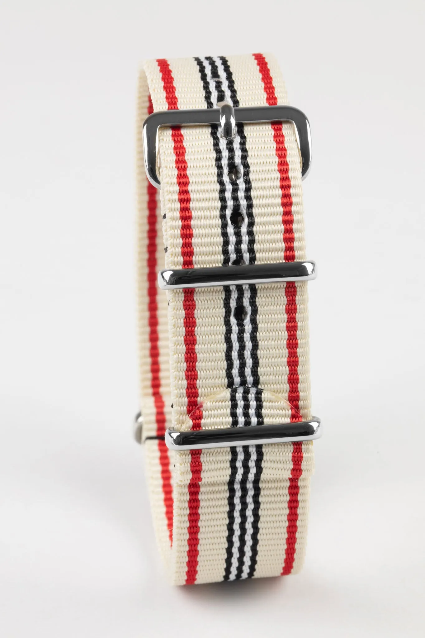 Nylon Watch Strap in CREAM/RED/WHITE with Polished Buckle and Keepers
